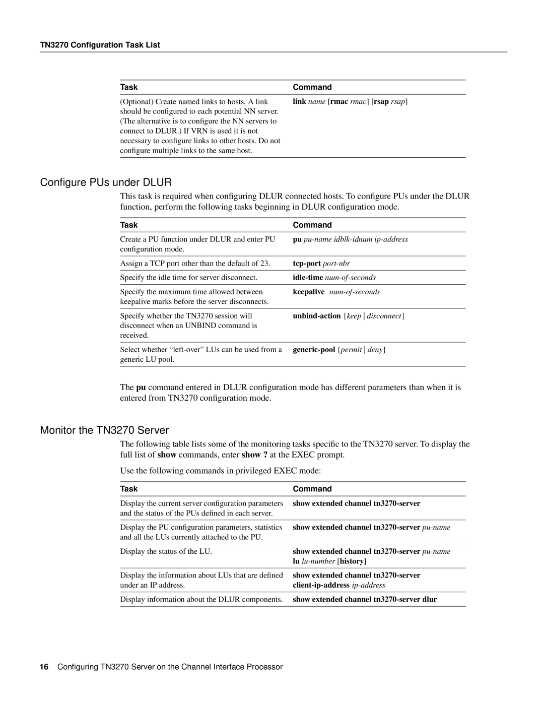 Cisco Systems 11.0 BT manual Conﬁgure PUs under Dlur, Monitor the TN3270 Server, Pu pu-name idblk-idnum ip-address 