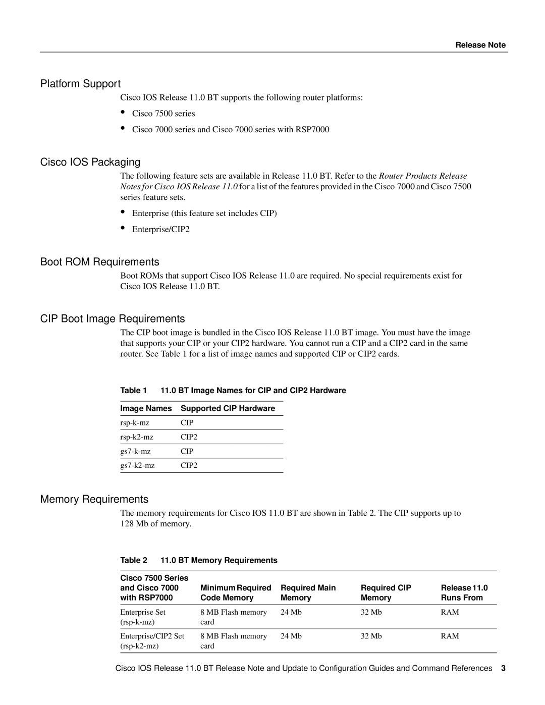 Cisco Systems 11.0 BT manual Platform Support, Cisco IOS Packaging, Boot ROM Requirements, CIP Boot Image Requirements 