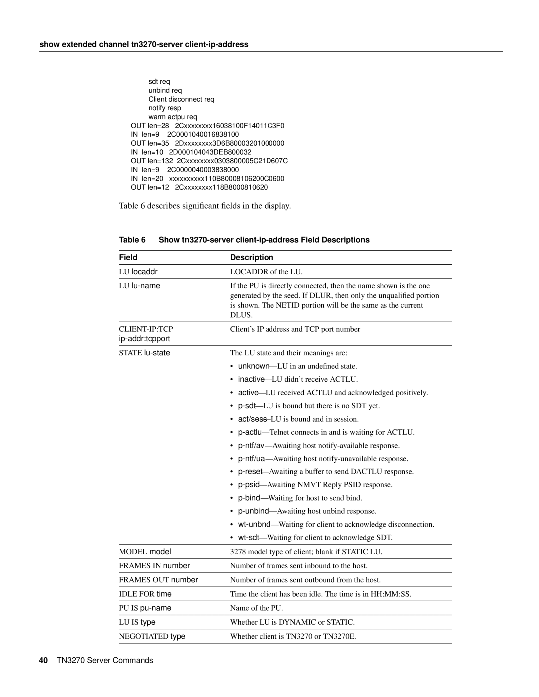 Cisco Systems 11.0 BT manual Show tn3270-server client-ip-address Field Descriptions, LU locaddr, LU lu-name, PU is pu-name 