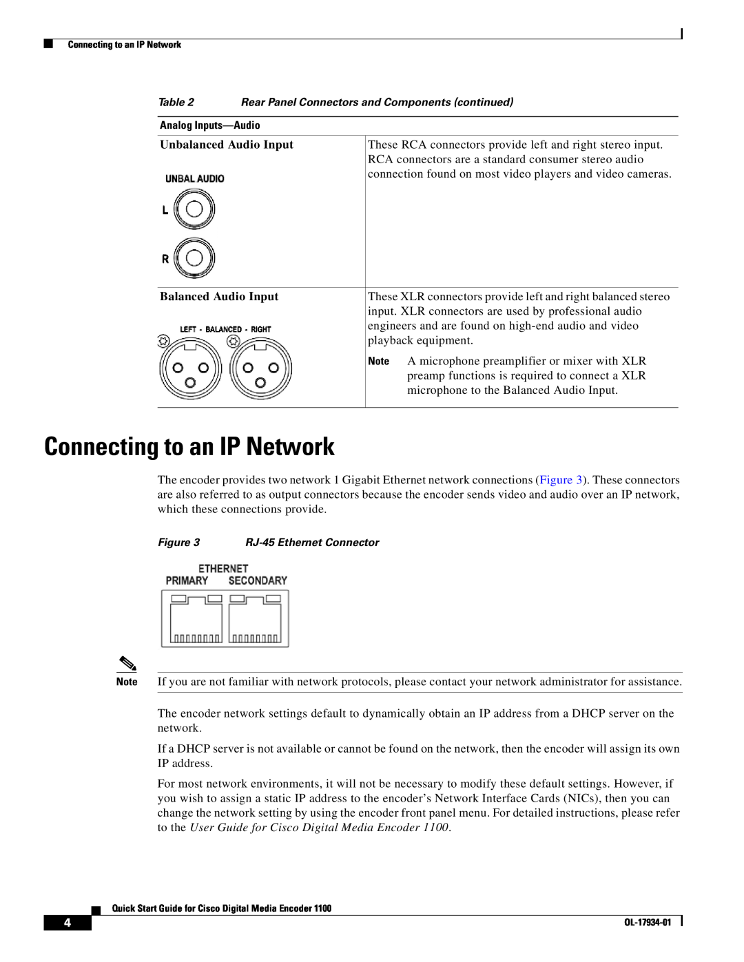 Cisco Systems 1100 quick start Connecting to an IP Network, Balanced Audio Input, Unbalanced Audio Input 
