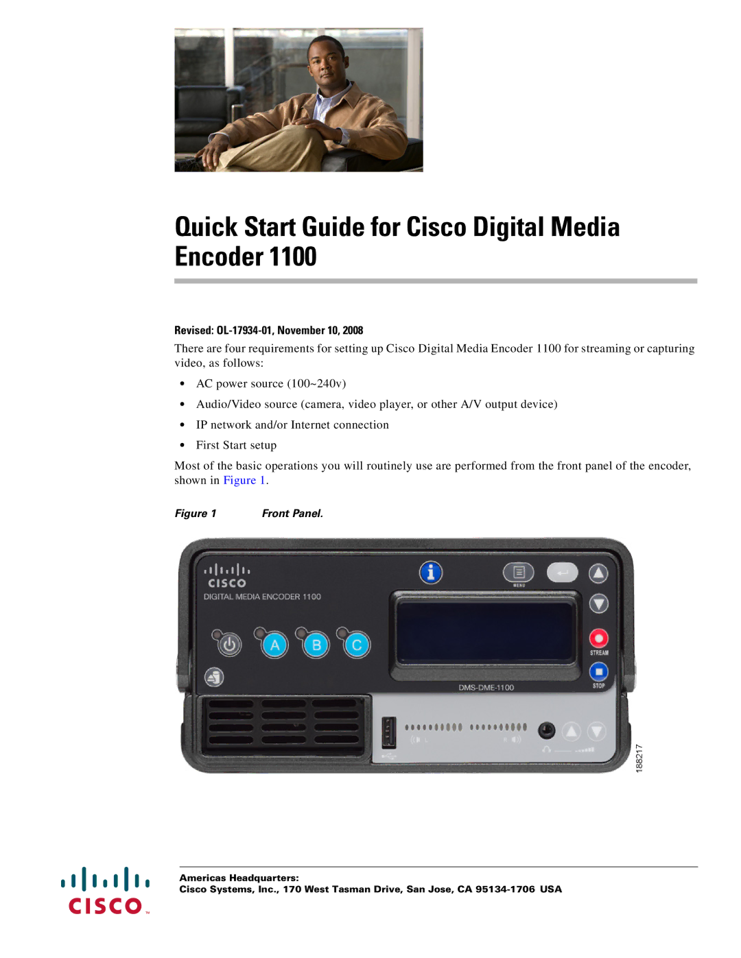 Cisco Systems 1100 quick start Quick Start Guide for Cisco Digital Media Encoder, Revised OL-17934-01, November 10 