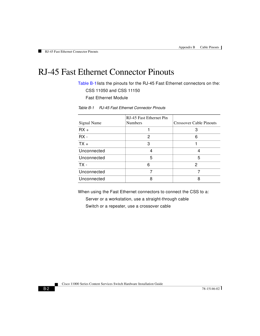 Cisco Systems 11000 Series manual RJ-45 Fast Ethernet Connector Pinouts, RJ-45 Fast Ethernet Pin Signal Name Numbers 