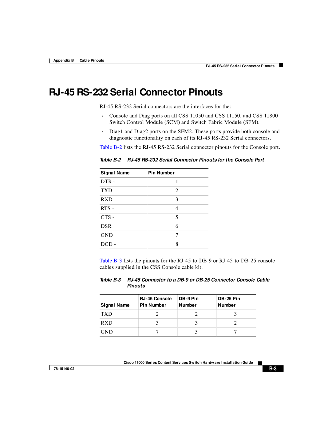 Cisco Systems 11000 Series manual RJ-45 RS-232 Serial Connector Pinouts, Signal Name Pin Number 