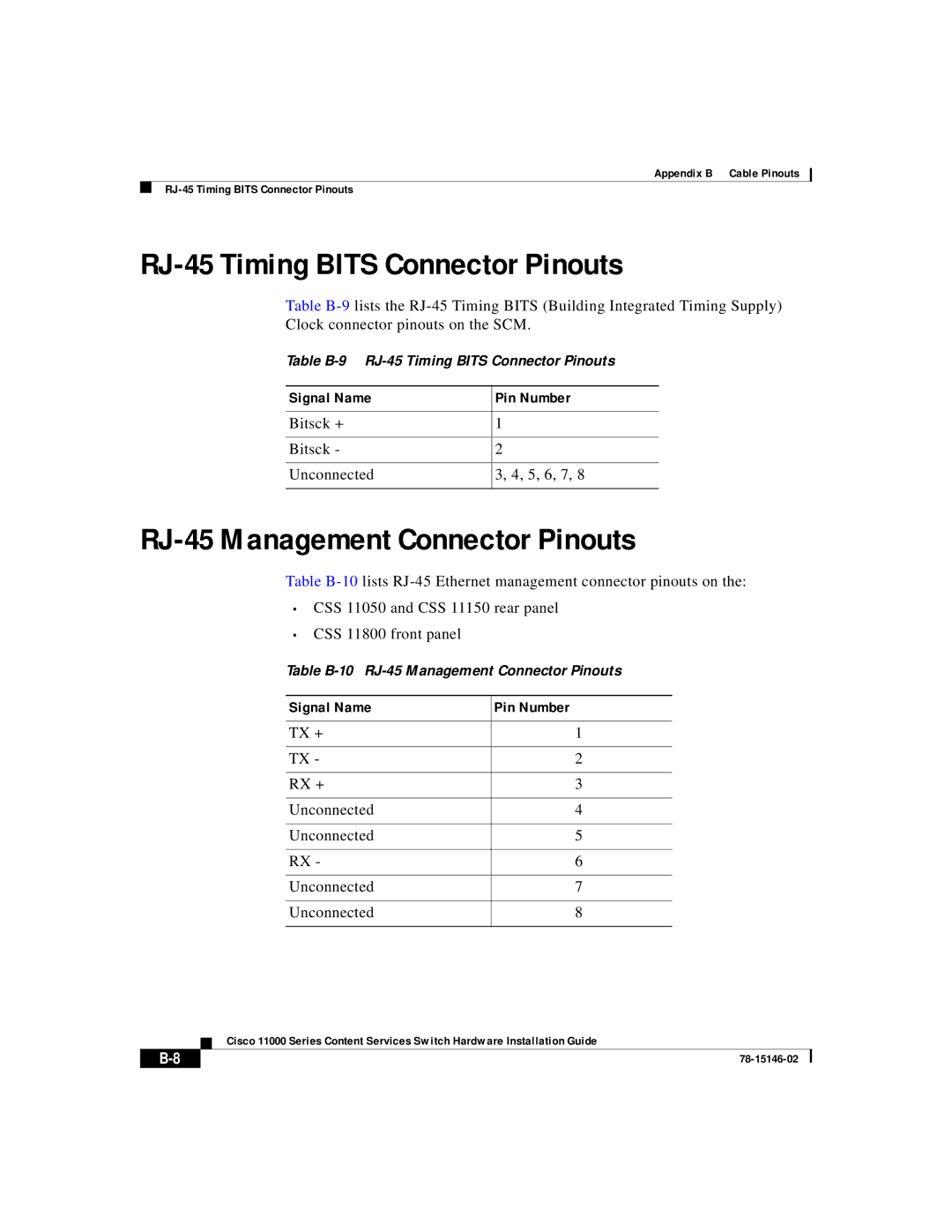 Cisco Systems 11000 Series manual RJ-45 Timing Bits Connector Pinouts, RJ-45 Management Connector Pinouts 