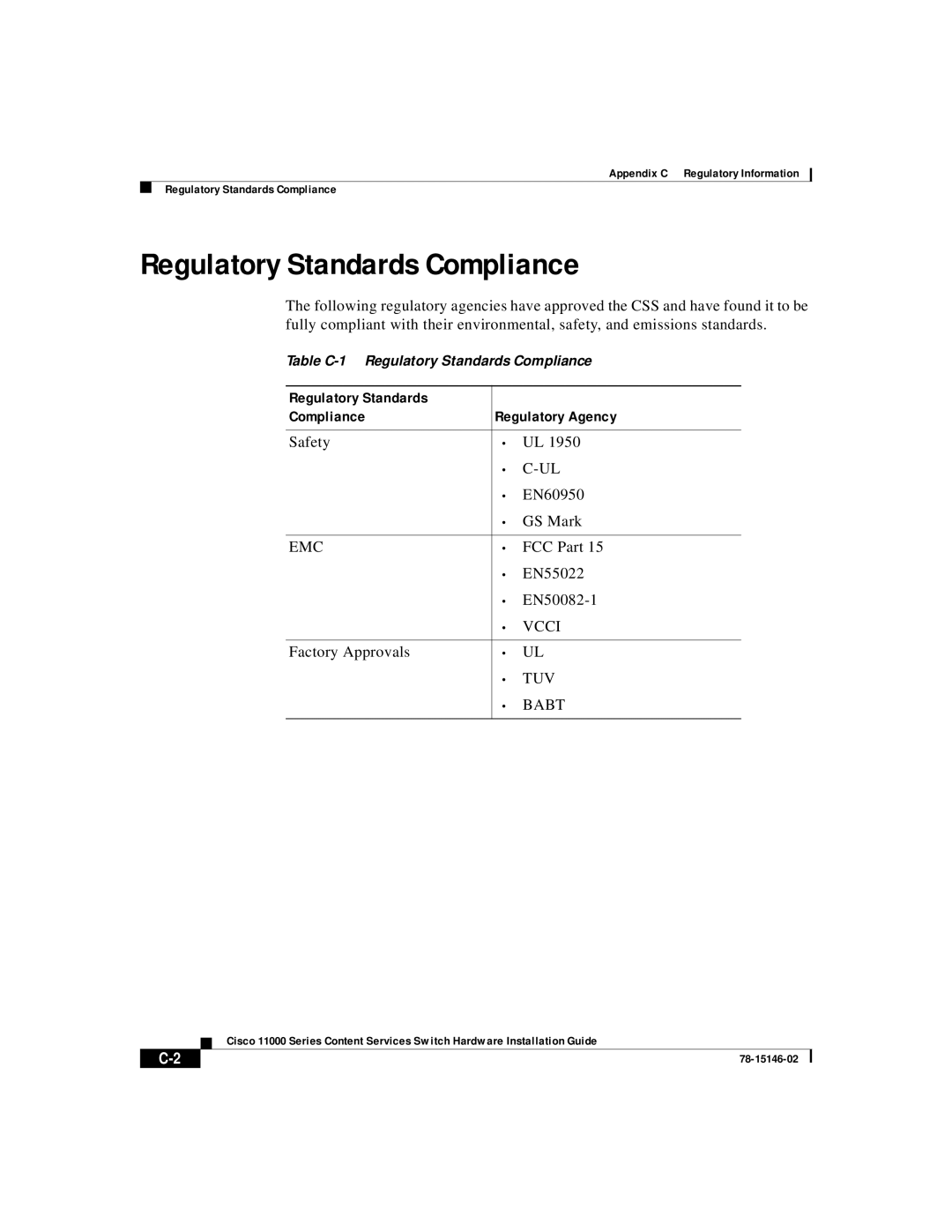 Cisco Systems 11000 Series manual Regulatory Standards Compliance Regulatory Agency 