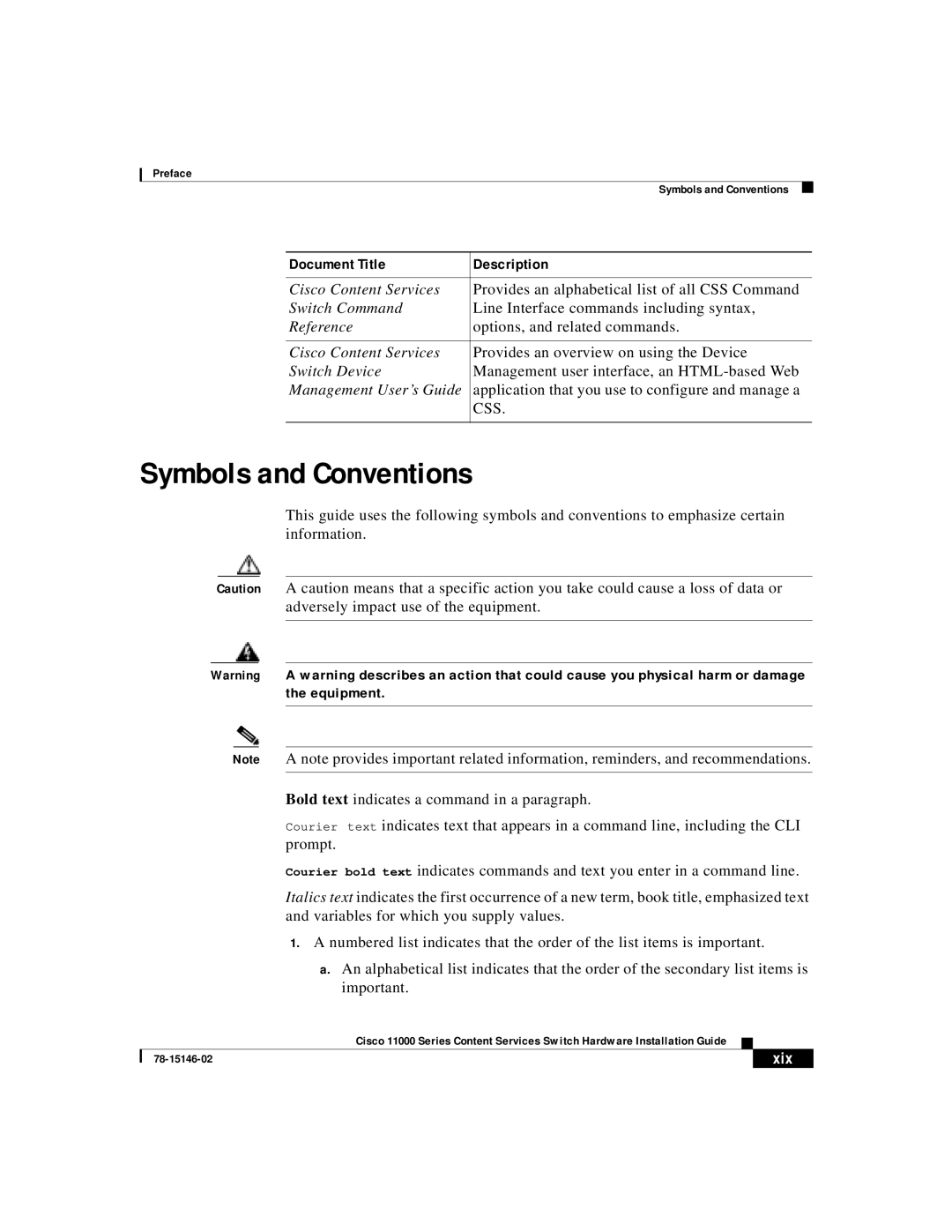 Cisco Systems 11000 Series manual Symbols and Conventions, Xix 