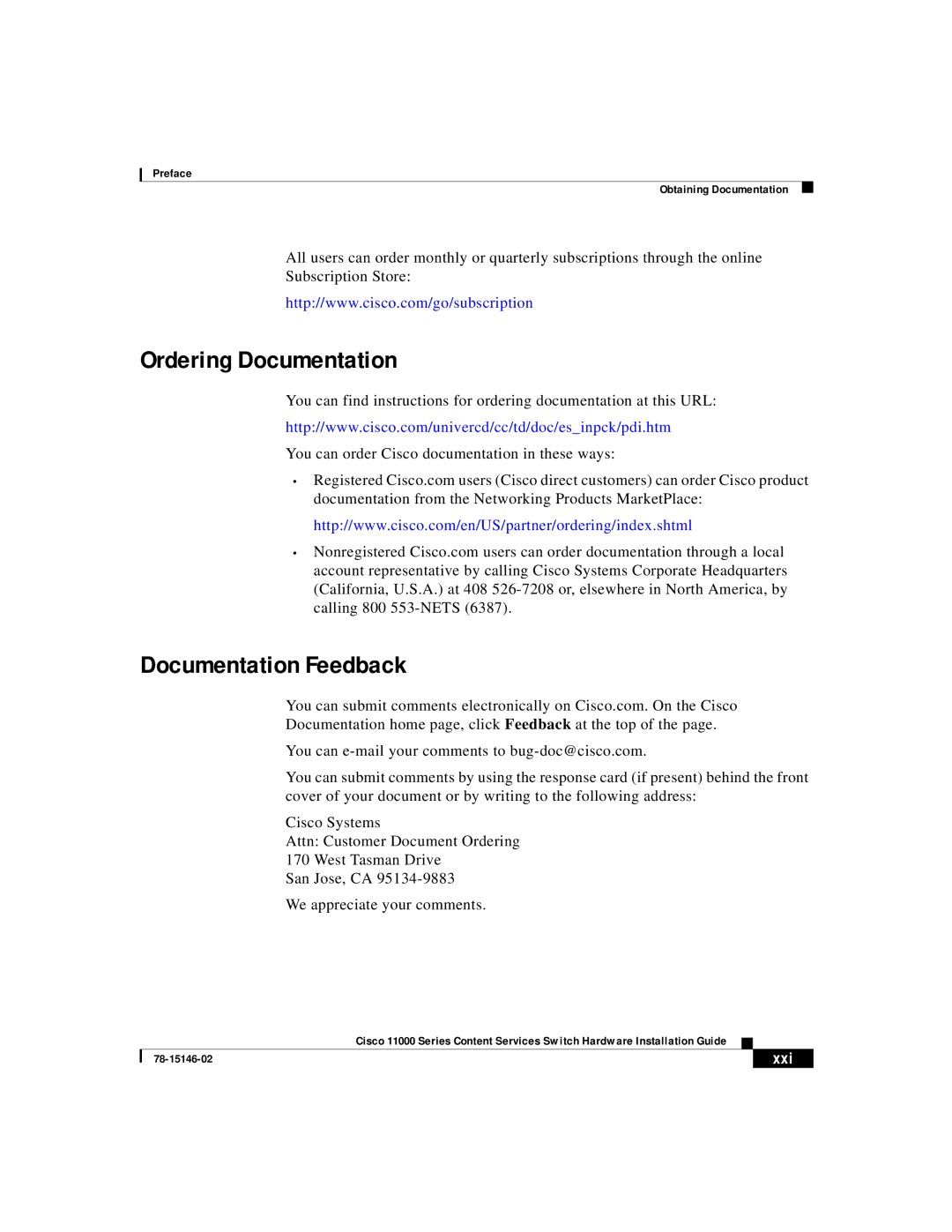 Cisco Systems 11000 Series manual Ordering Documentation, Documentation Feedback 