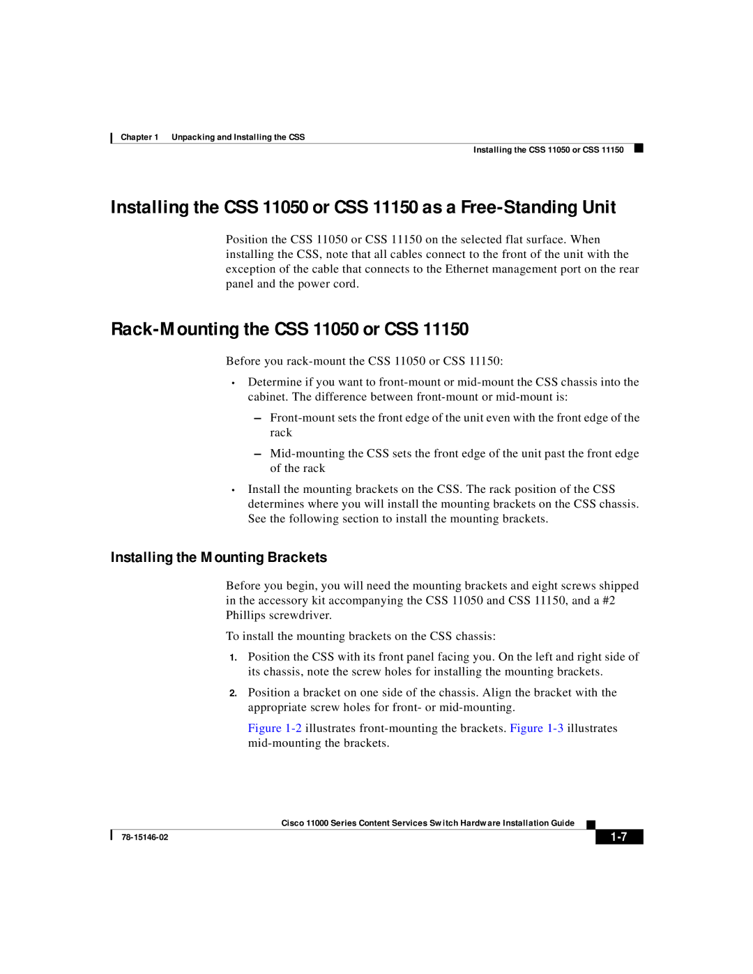 Cisco Systems 11000 Series manual Rack-Mounting the CSS 11050 or CSS, Installing the Mounting Brackets 