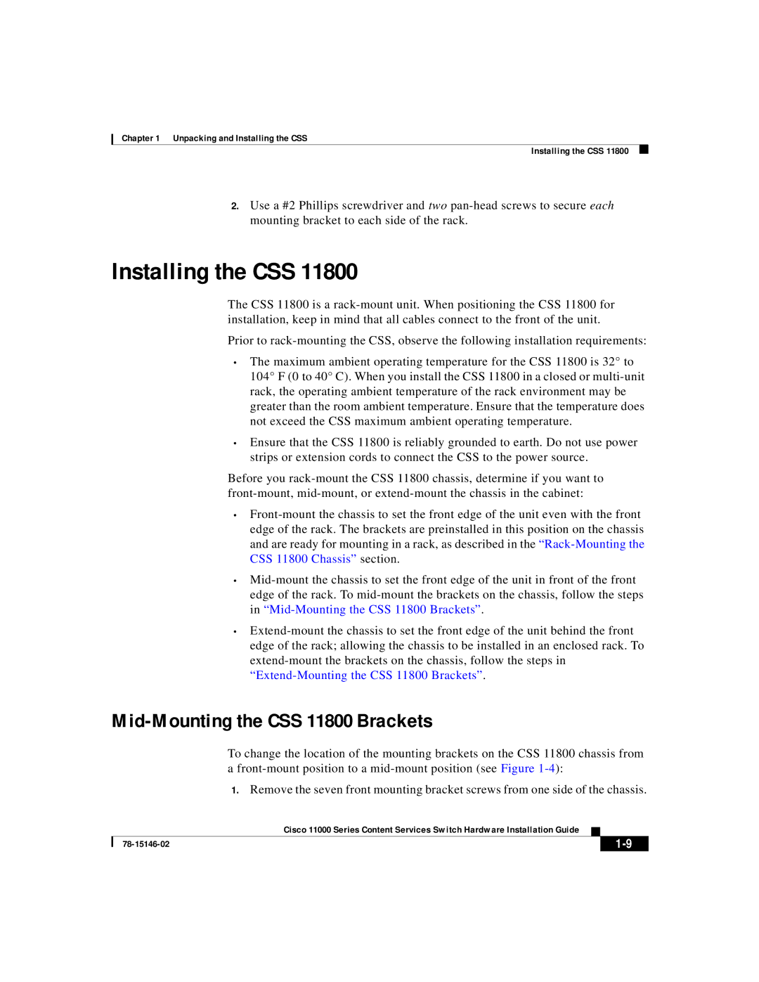 Cisco Systems 11000 Series manual Installing the CSS, Mid-Mounting the CSS 11800 Brackets 