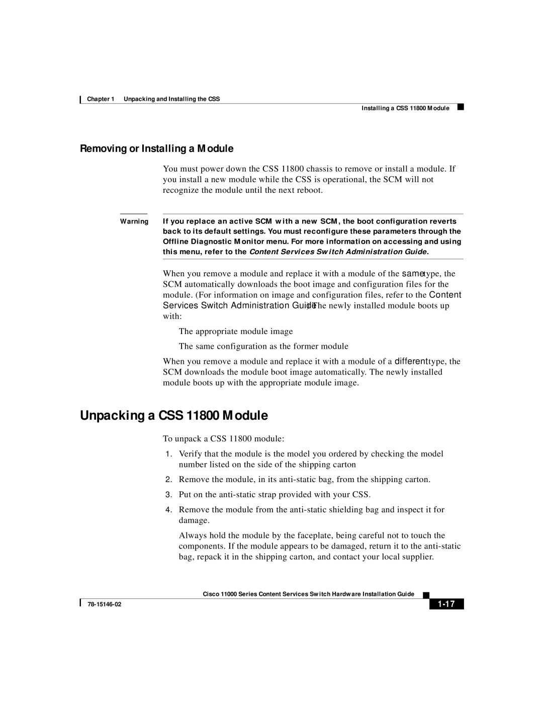 Cisco Systems 11000 Series manual Unpacking a CSS 11800 Module, Removing or Installing a Module 