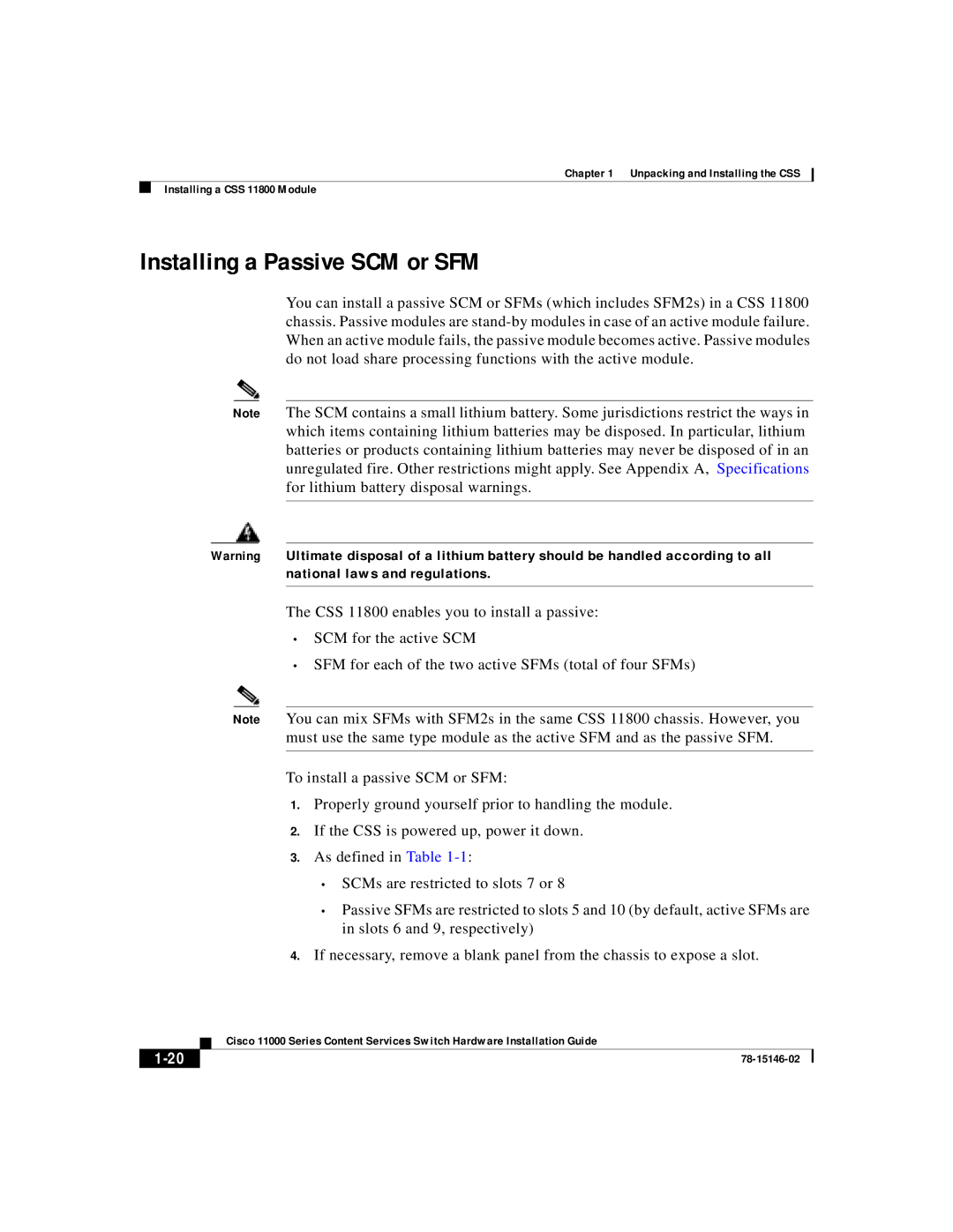 Cisco Systems 11000 Series manual Installing a Passive SCM or SFM 