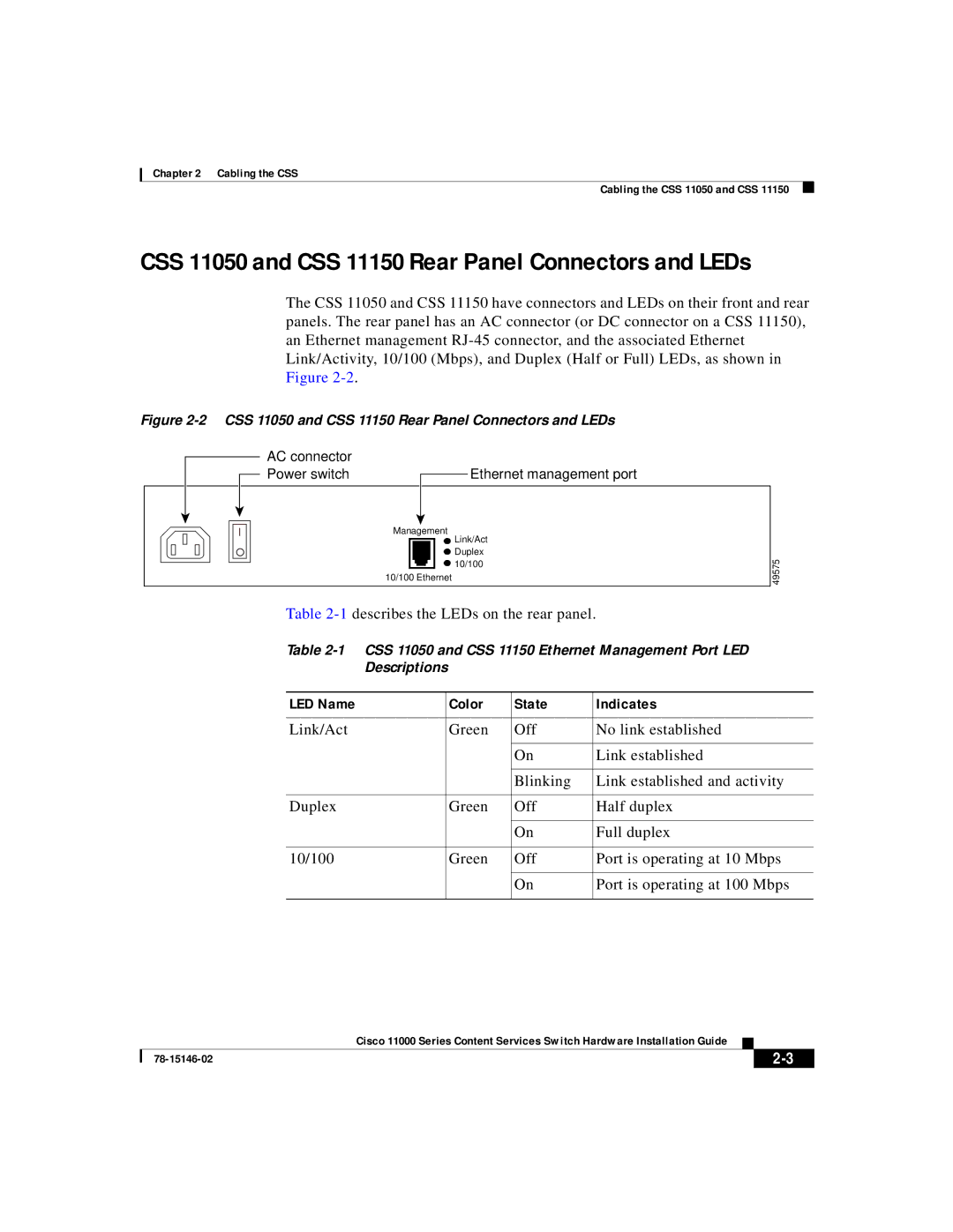 Cisco Systems 11000 Series manual CSS 11050 and CSS 11150 Rear Panel Connectors and LEDs, LED Name Color State Indicates 