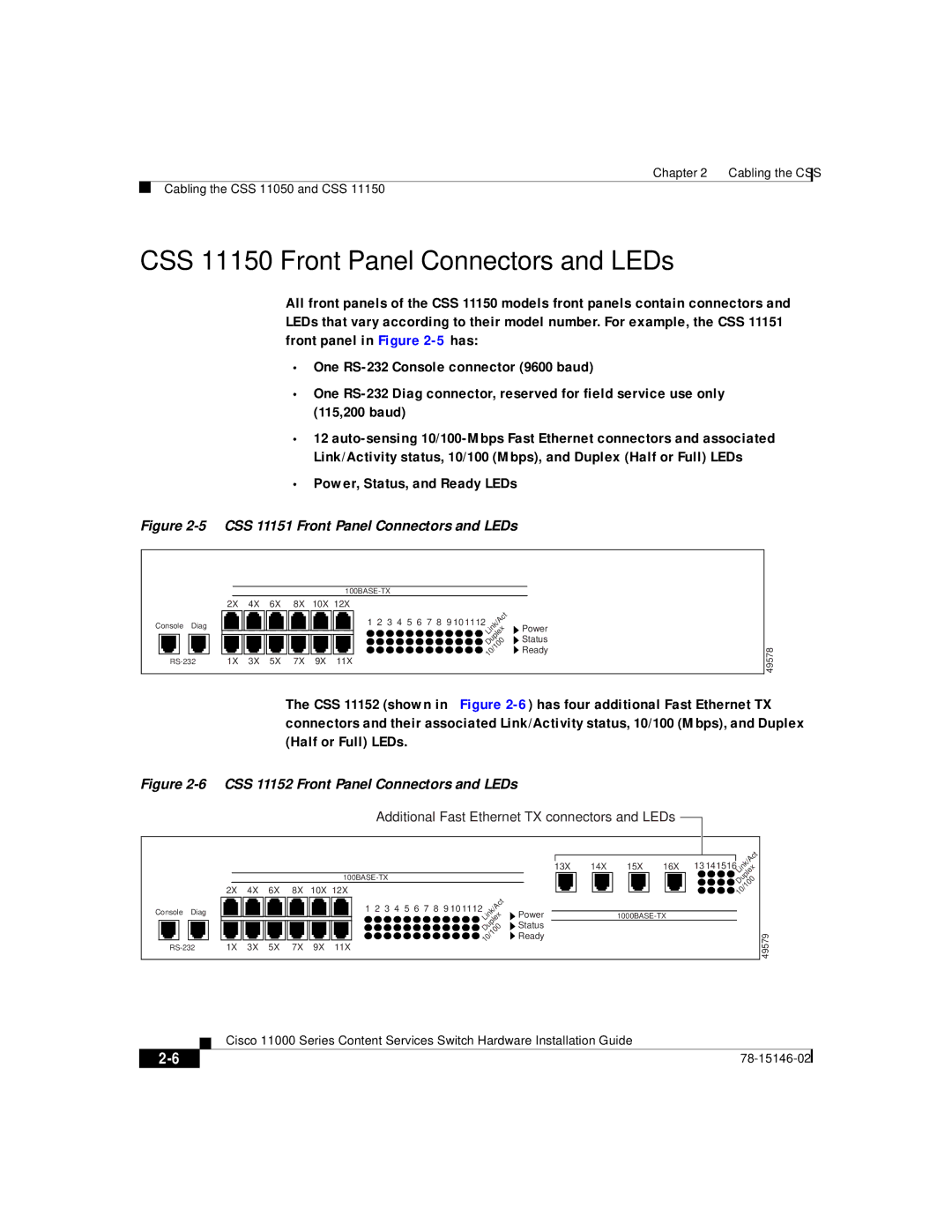 Cisco Systems 11000 Series manual CSS 11150 Front Panel Connectors and LEDs, CSS 11152 Front Panel Connectors and LEDs 