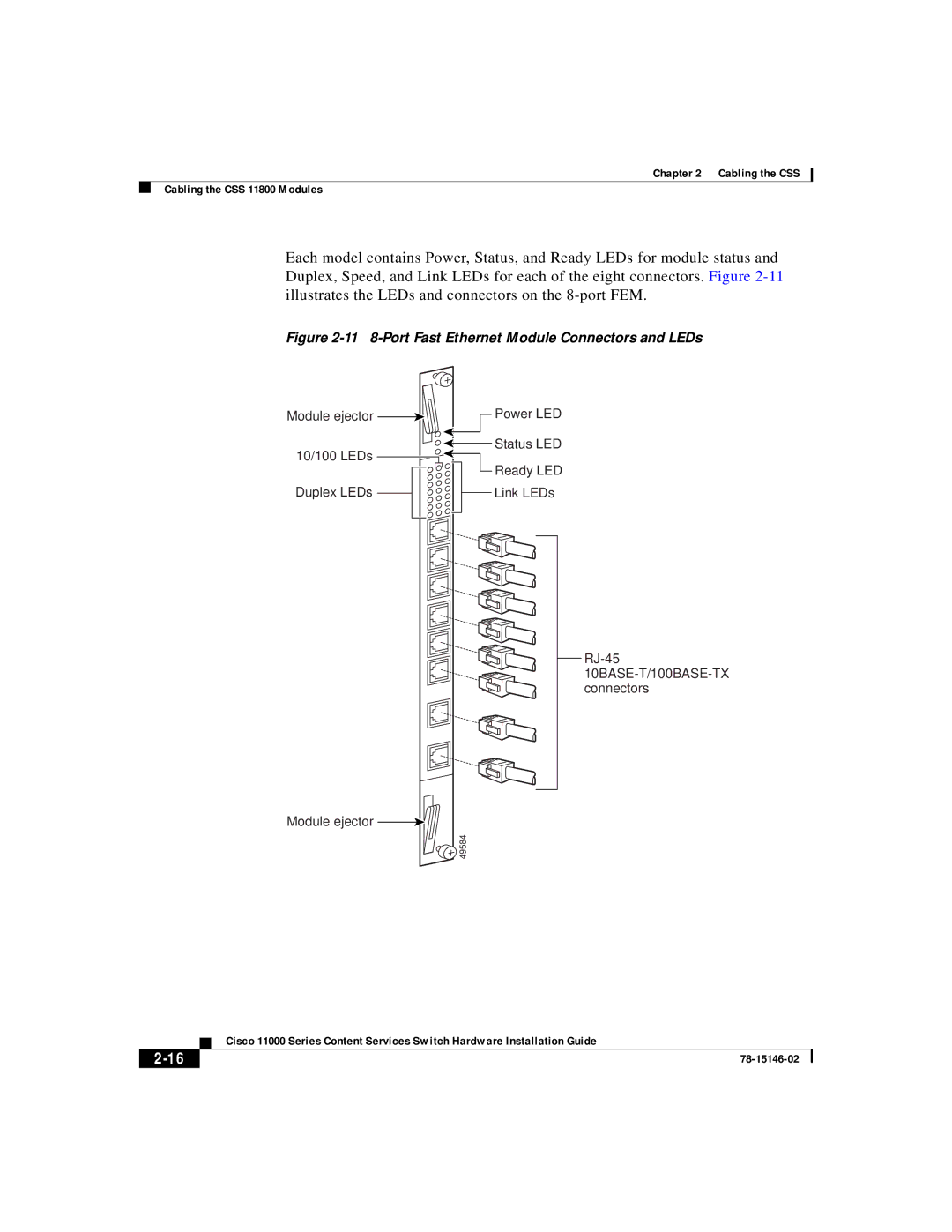 Cisco Systems 11000 Series manual 11 8-Port Fast Ethernet Module Connectors and LEDs 