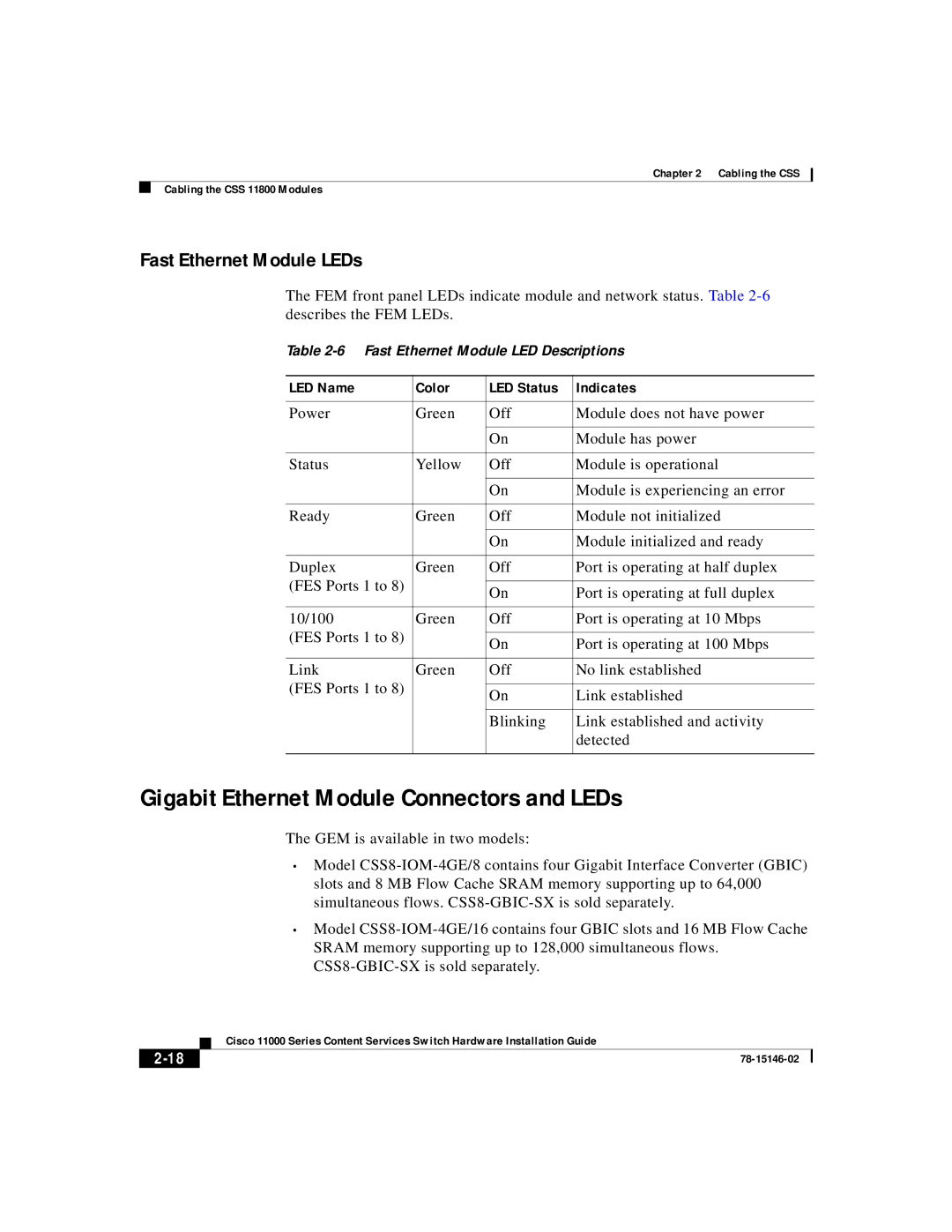 Cisco Systems 11000 Series manual Gigabit Ethernet Module Connectors and LEDs, Fast Ethernet Module LEDs 