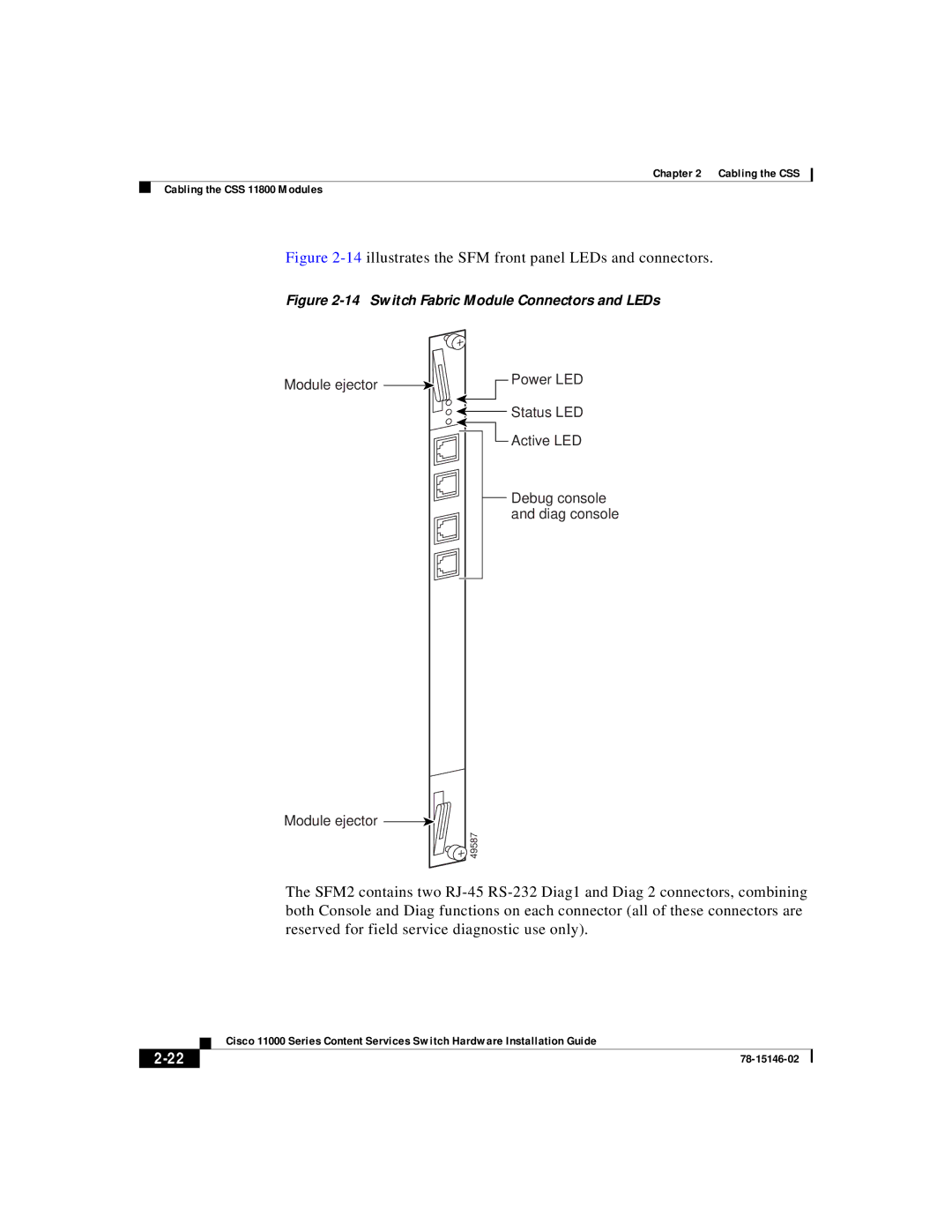 Cisco Systems 11000 Series manual 14illustrates the SFM front panel LEDs and connectors 