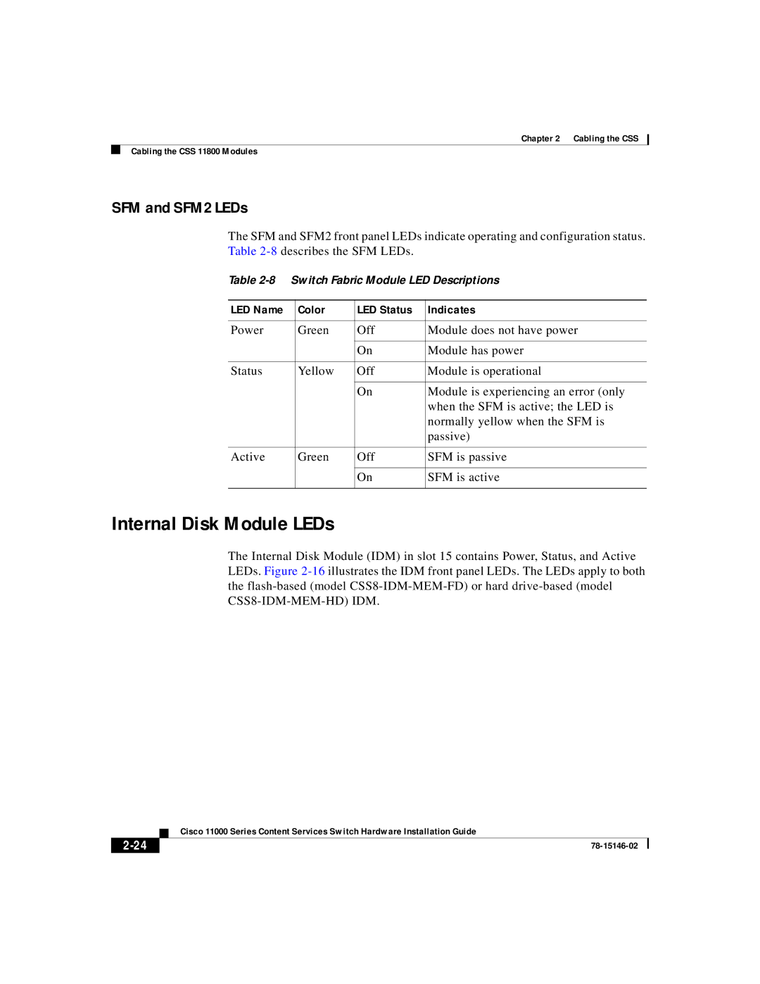 Cisco Systems 11000 Series manual Internal Disk Module LEDs, SFM and SFM2 LEDs 