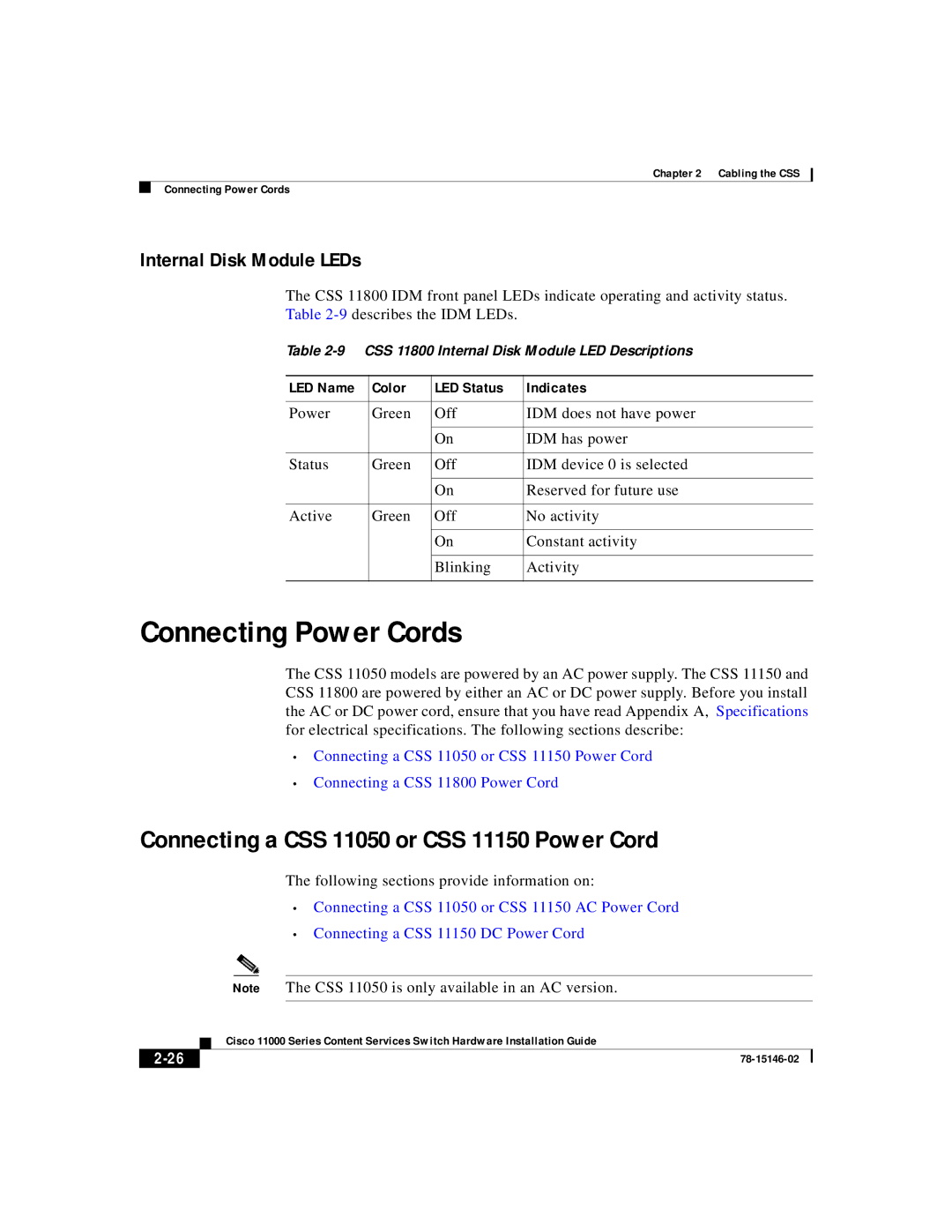 Cisco Systems 11000 Series manual Connecting Power Cords, Connecting a CSS 11050 or CSS 11150 Power Cord 