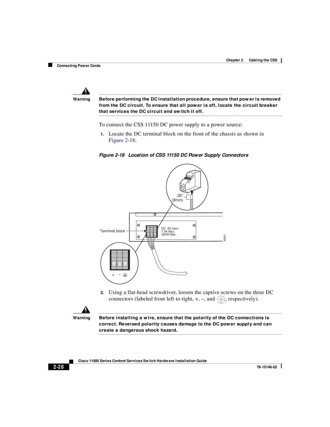 Cisco Systems 11000 Series manual Location of CSS 11150 DC Power Supply Connectors 