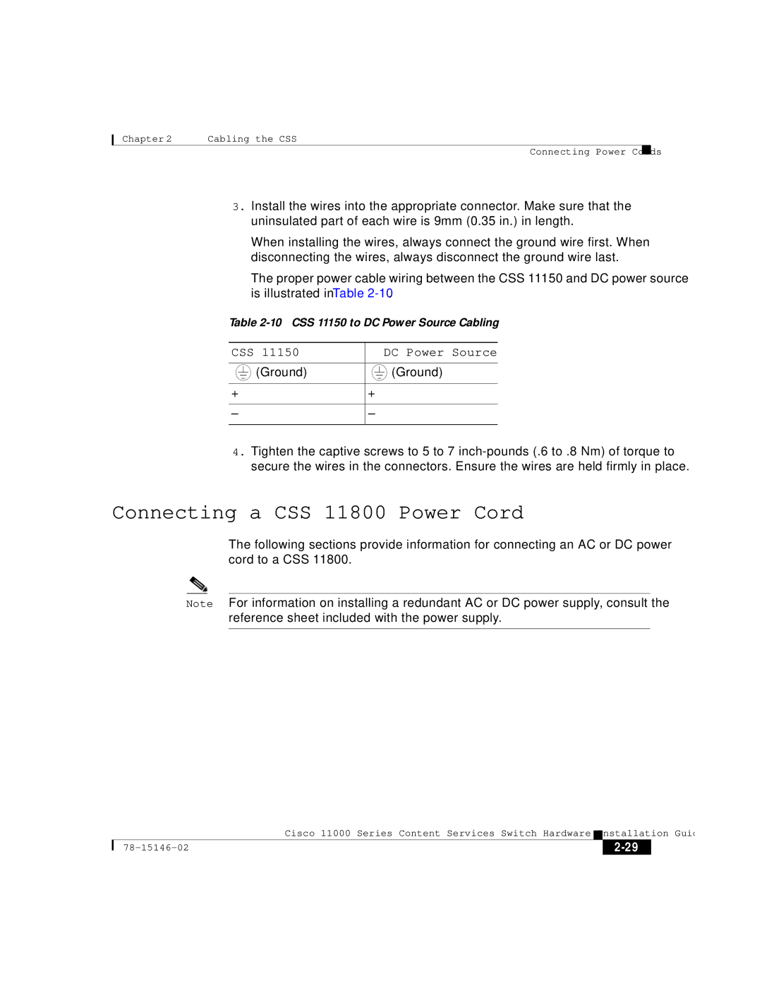 Cisco Systems 11000 Series manual Connecting a CSS 11800 Power Cord, CSS DC Power Source 