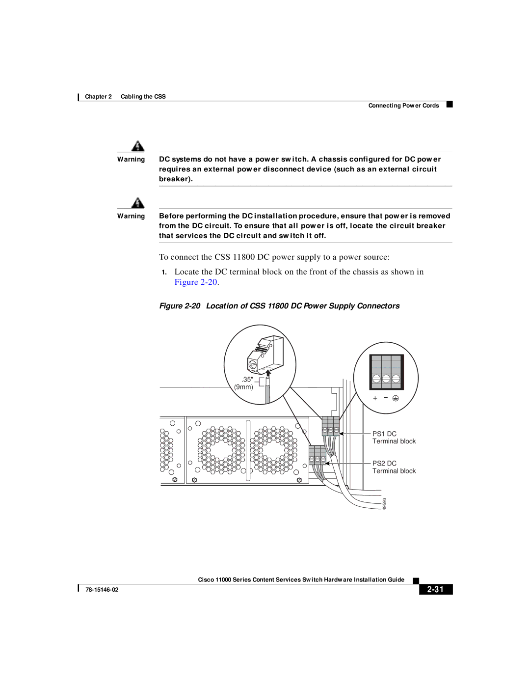 Cisco Systems 11000 Series manual Location of CSS 11800 DC Power Supply Connectors 