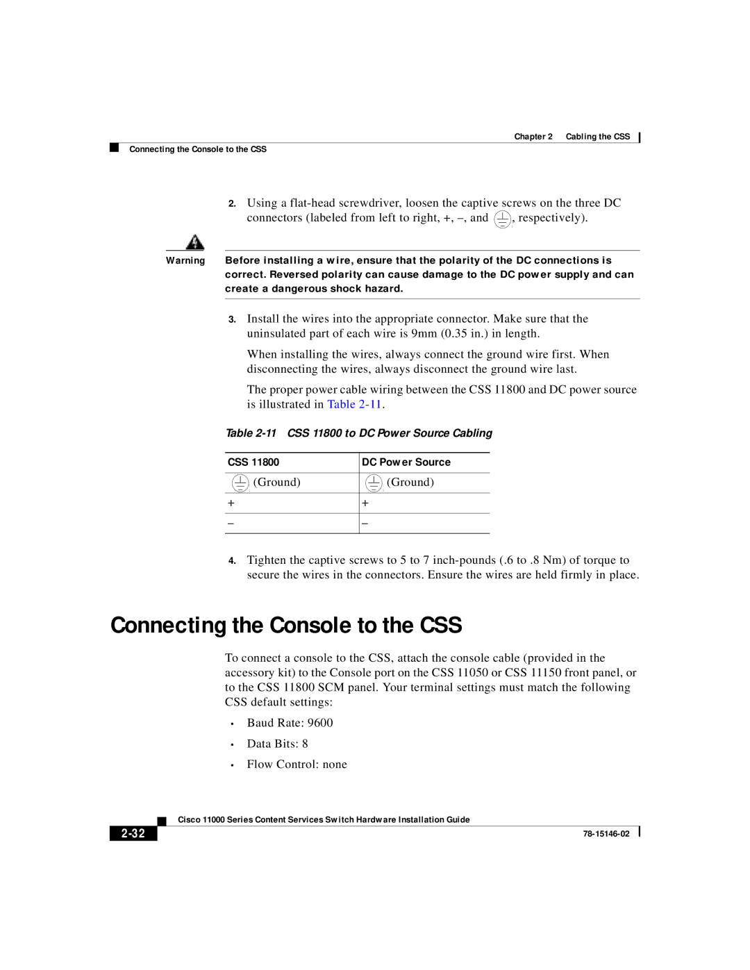 Cisco Systems 11000 Series manual Connecting the Console to the CSS, CSS DC Power Source 