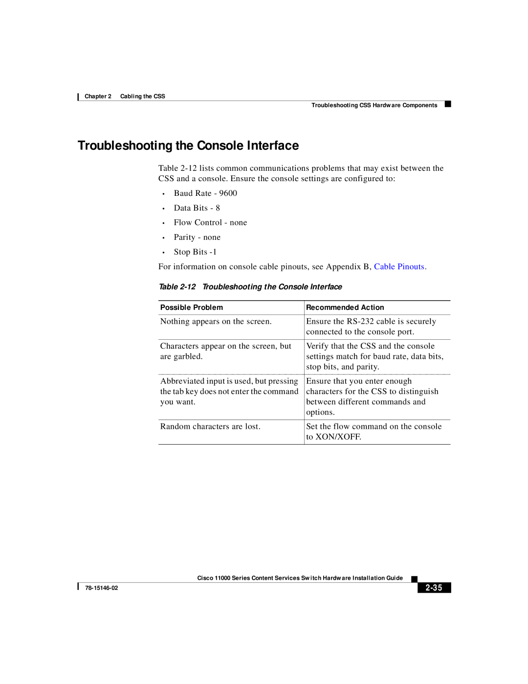 Cisco Systems 11000 Series manual Troubleshooting the Console Interface, Possible Problem Recommended Action 