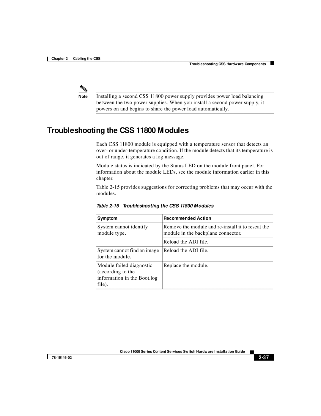 Cisco Systems 11000 Series manual Troubleshooting the CSS 11800 Modules, Symptom Recommended Action 