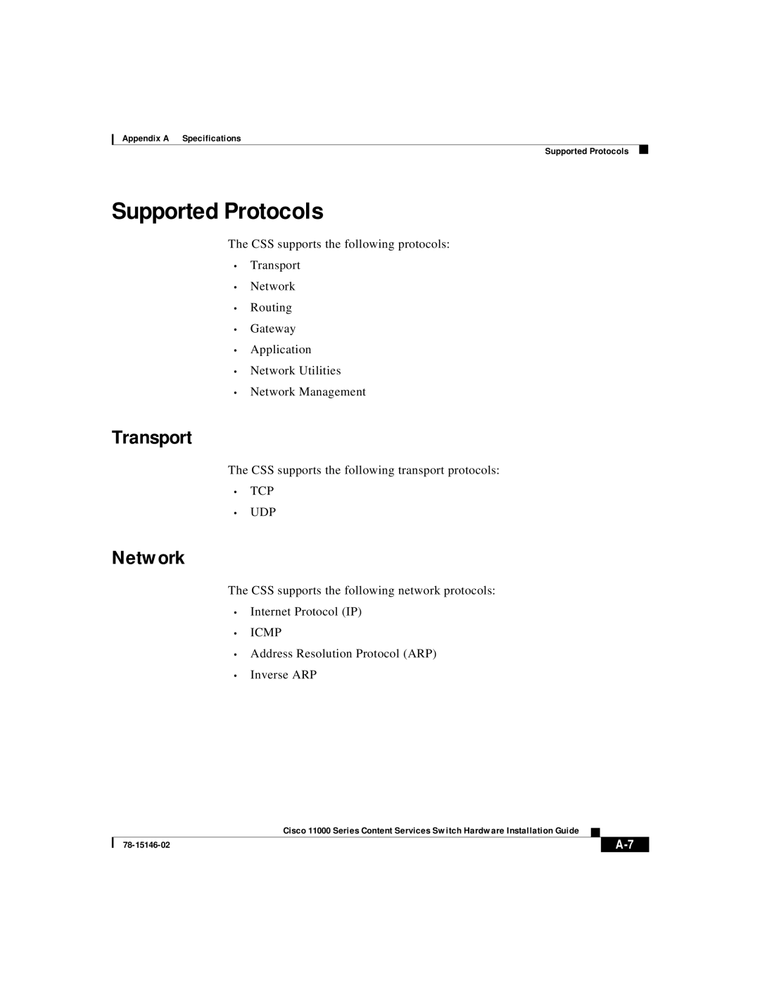 Cisco Systems 11000 Series manual Supported Protocols, Transport, Network 