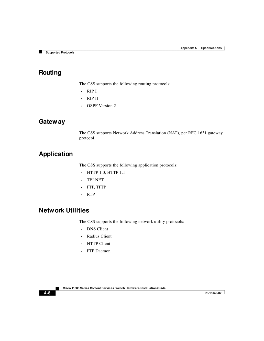 Cisco Systems 11000 Series manual Routing, Gateway, Application, Network Utilities 