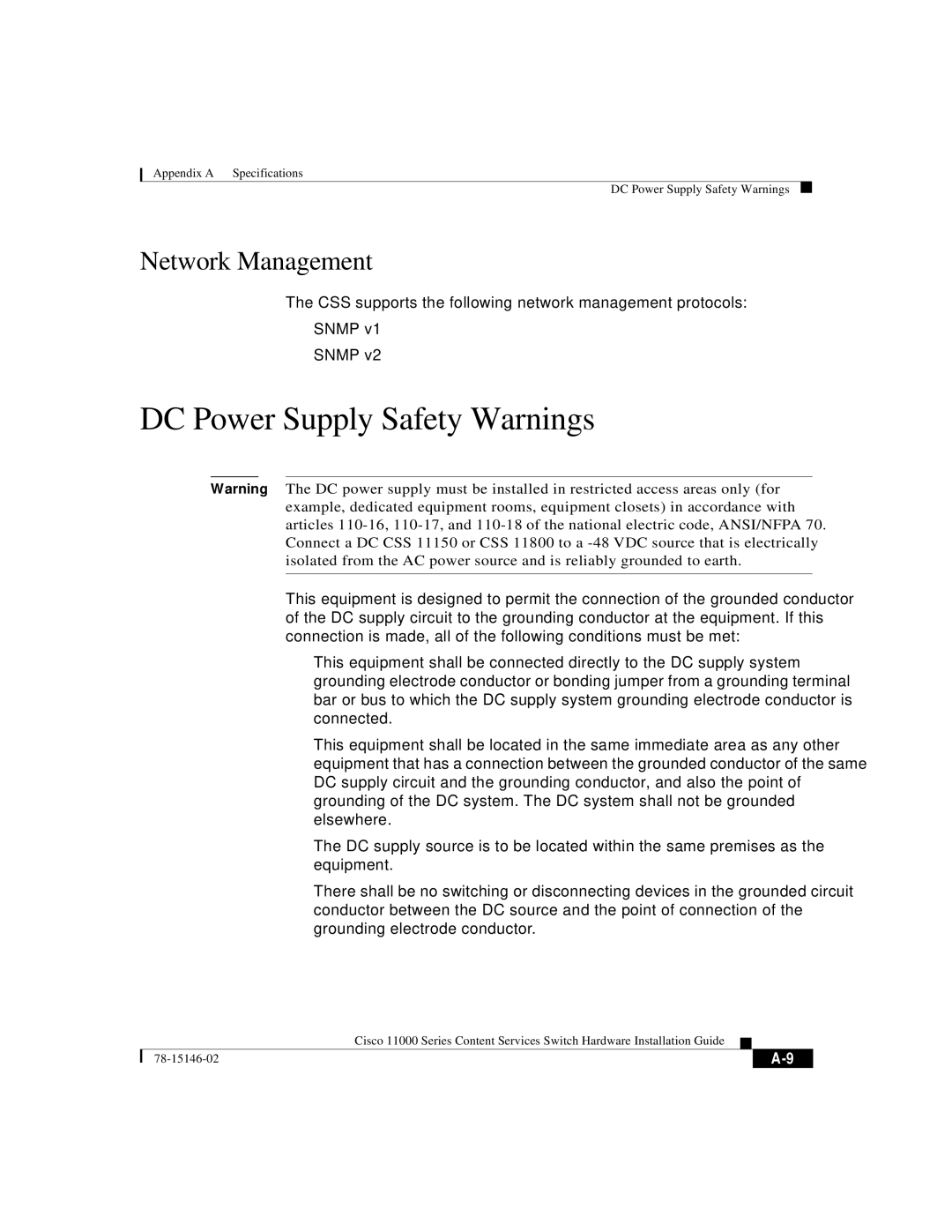 Cisco Systems 11000 Series manual DC Power Supply Safety Warnings, Network Management 