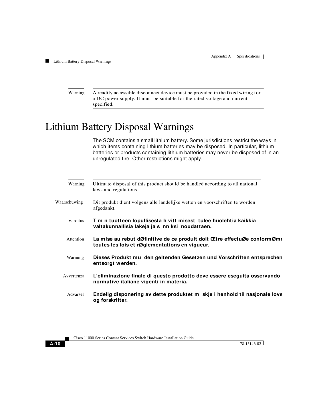 Cisco Systems 11000 Series manual Lithium Battery Disposal Warnings 