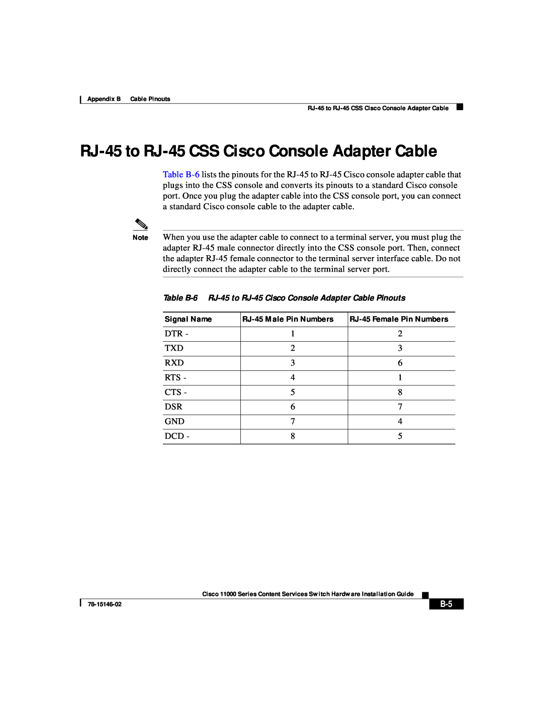 Cisco Systems 11000 Series manual RJ-45 to RJ-45 CSS Cisco Console Adapter Cable 