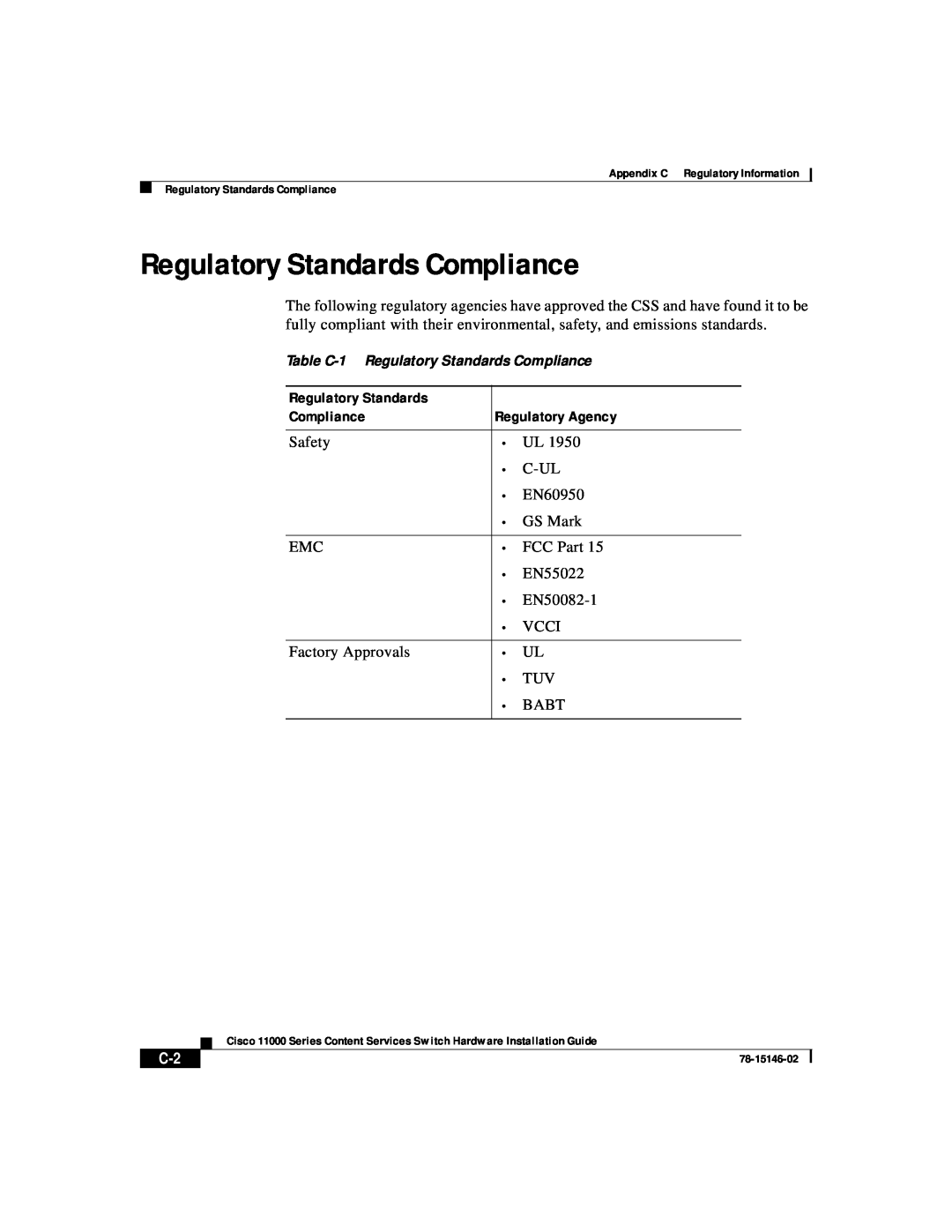 Cisco Systems 11000 Series manual Regulatory Standards Compliance 