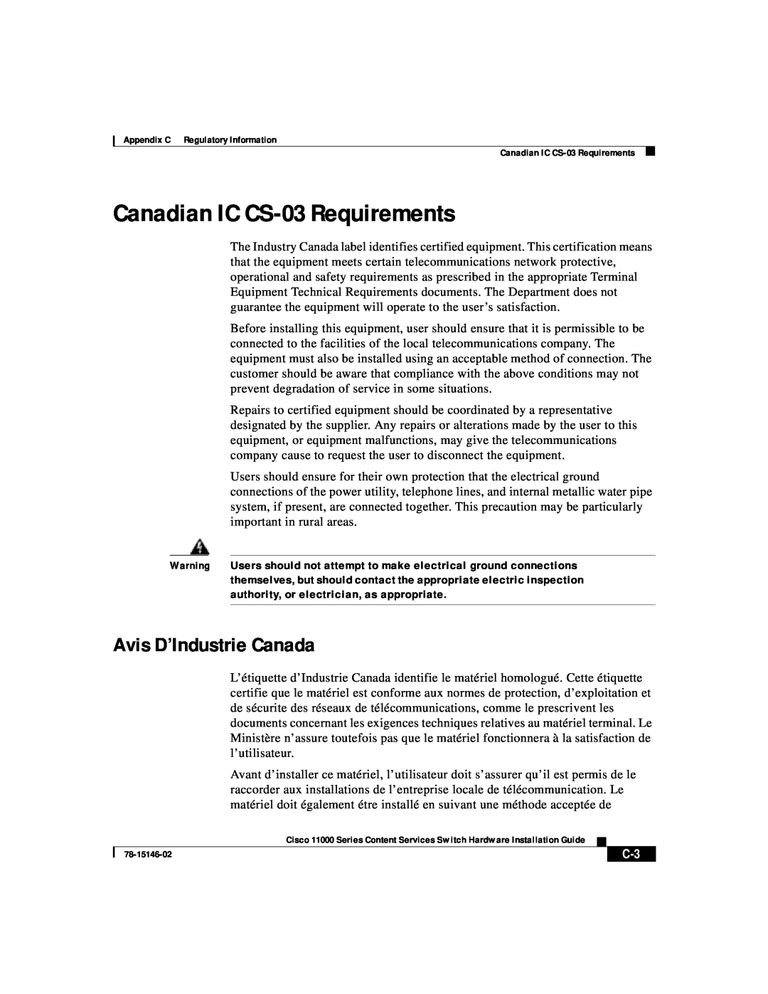 Cisco Systems 11000 Series manual Canadian IC CS-03 Requirements, Avis D’Industrie Canada 