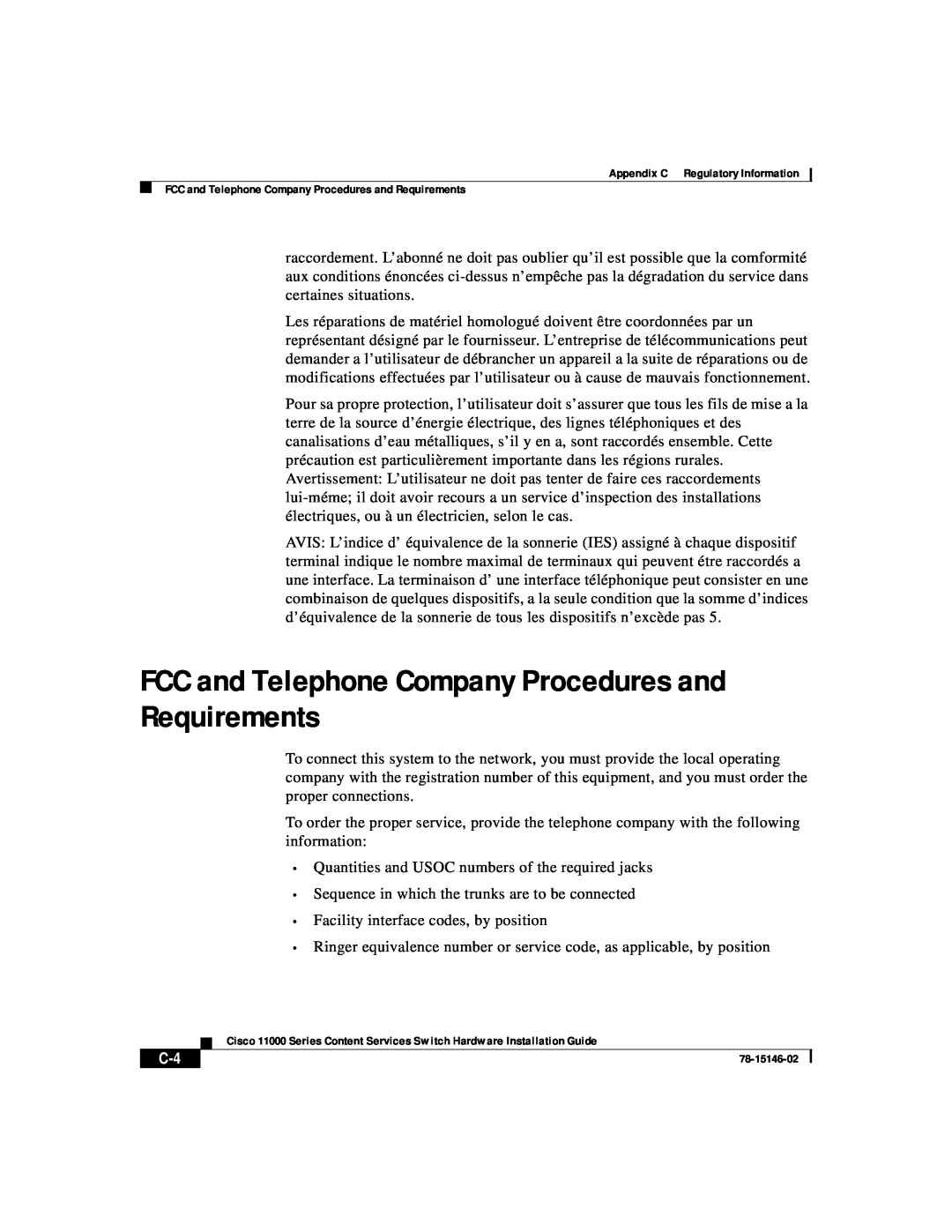 Cisco Systems 11000 Series manual FCC and Telephone Company Procedures and Requirements 