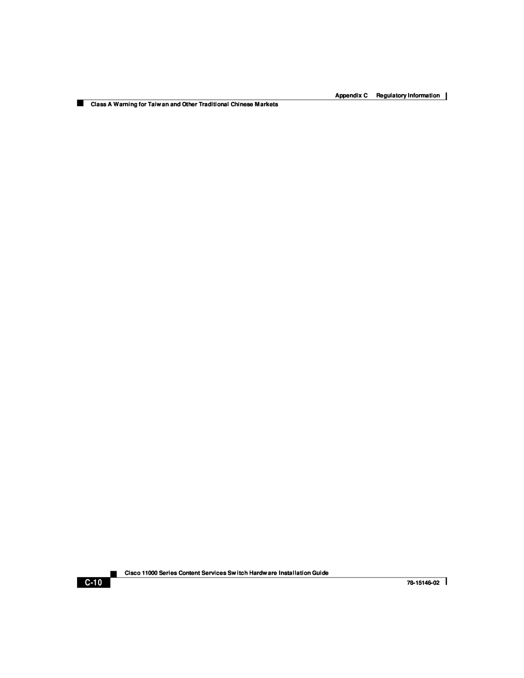 Cisco Systems 11000 Series manual C-10, Appendix C Regulatory Information, 78-15146-02 