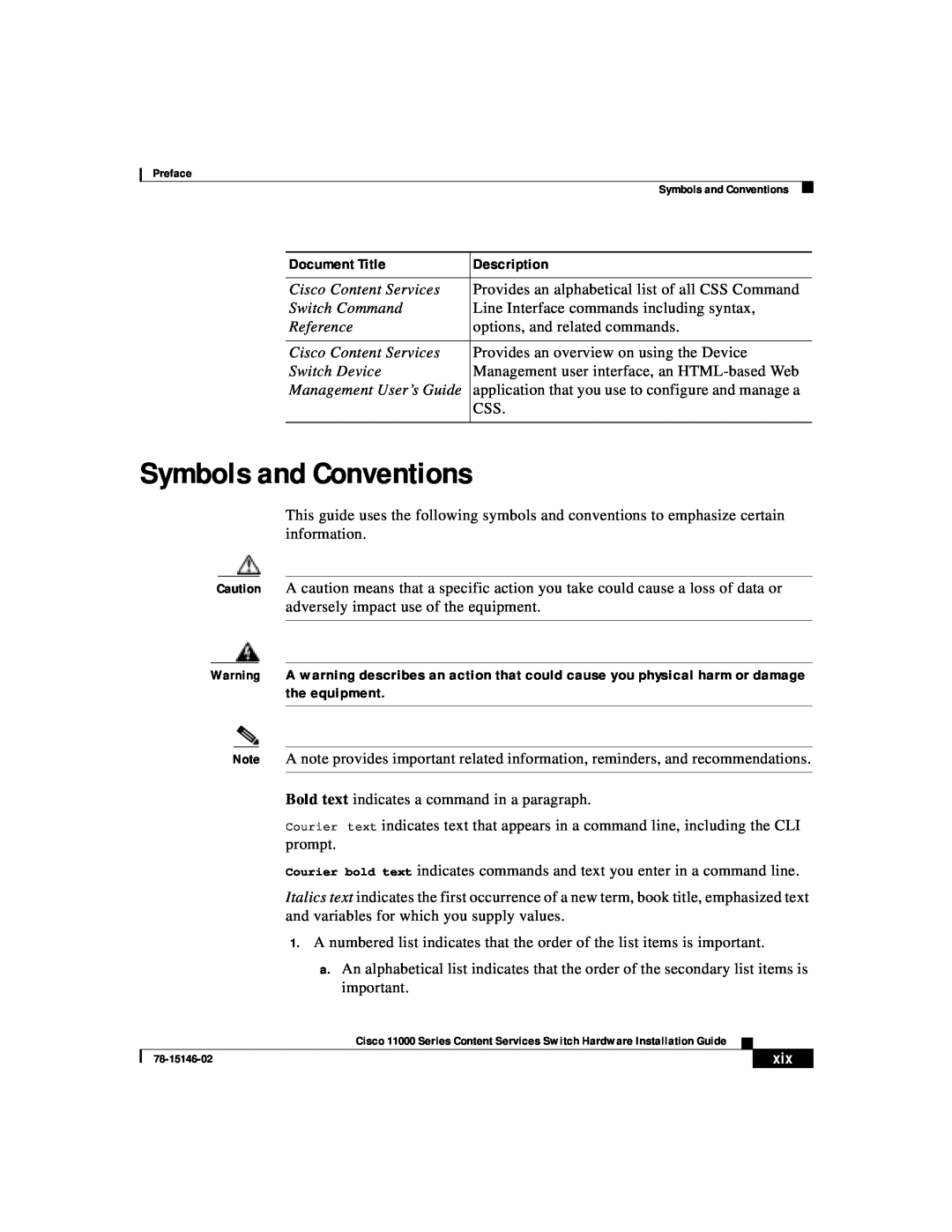Cisco Systems 11000 Series manual Symbols and Conventions, Document Title, Description 