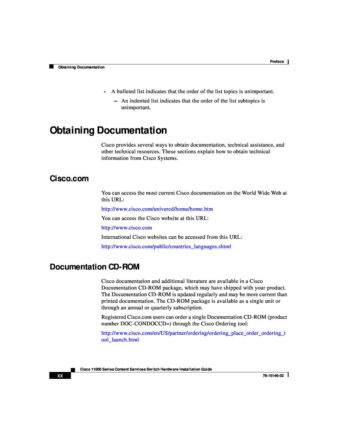 Cisco Systems 11000 Series manual Obtaining Documentation, Cisco.com, Documentation CD-ROM 