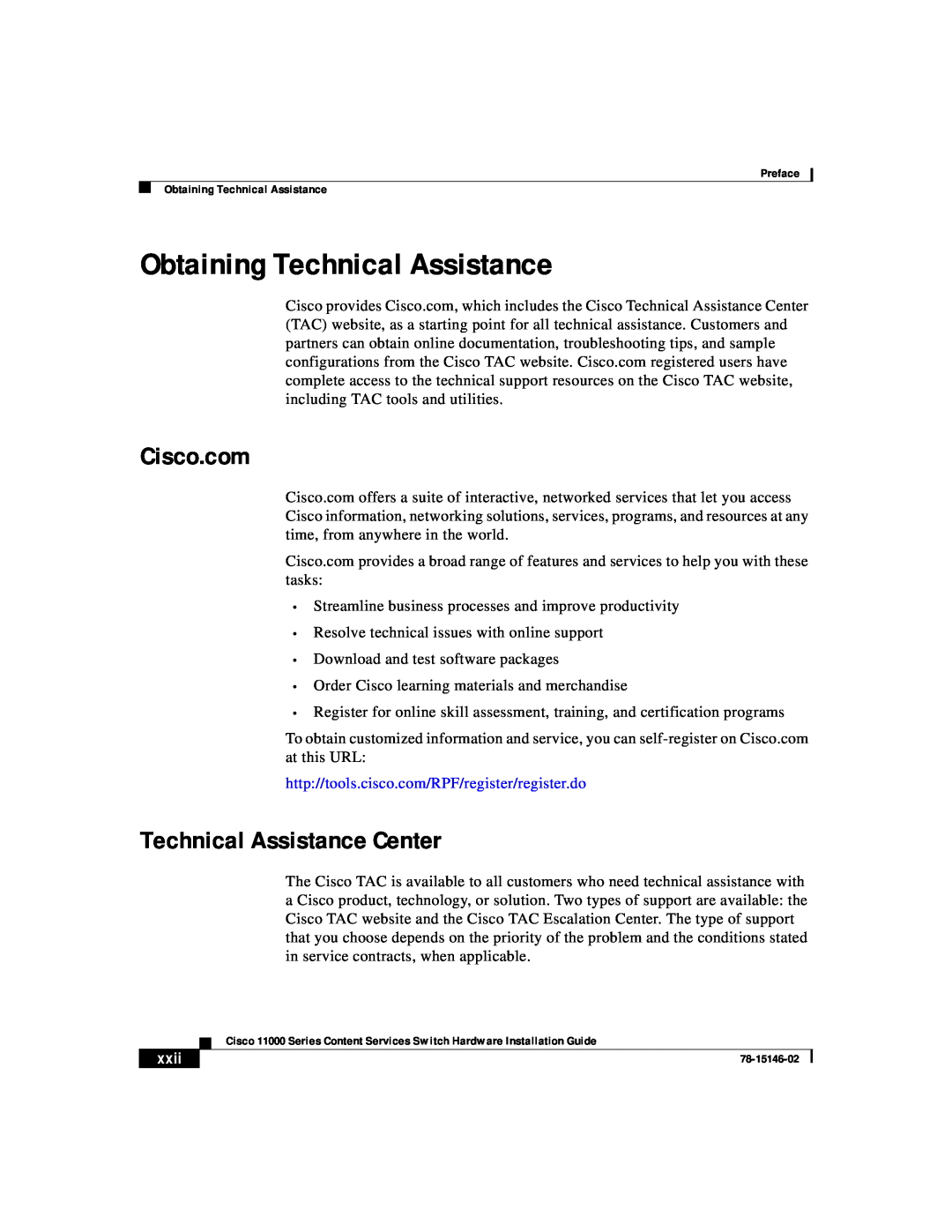 Cisco Systems 11000 Series manual Obtaining Technical Assistance, Technical Assistance Center, Cisco.com, xxii 