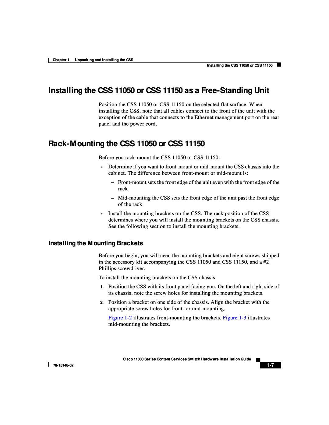Cisco Systems 11000 Series manual Rack-Mounting the CSS 11050 or CSS, Installing the Mounting Brackets 