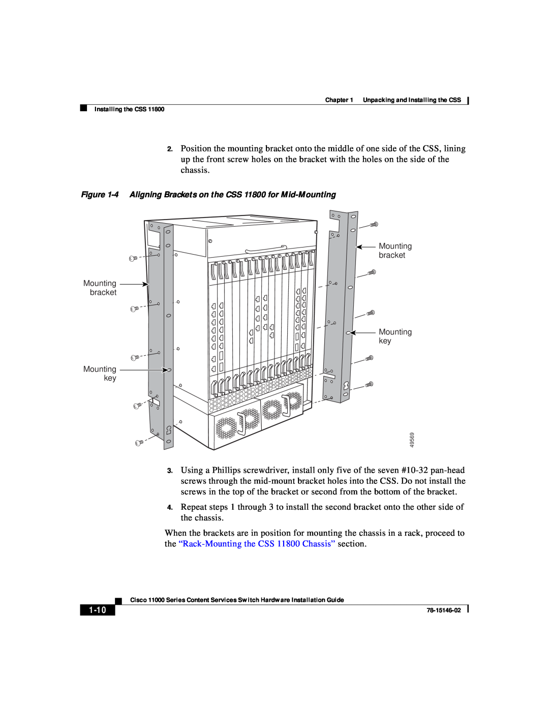 Cisco Systems 11000 Series manual 1-10, 4 Aligning Brackets on the CSS 11800 for Mid-Mounting 