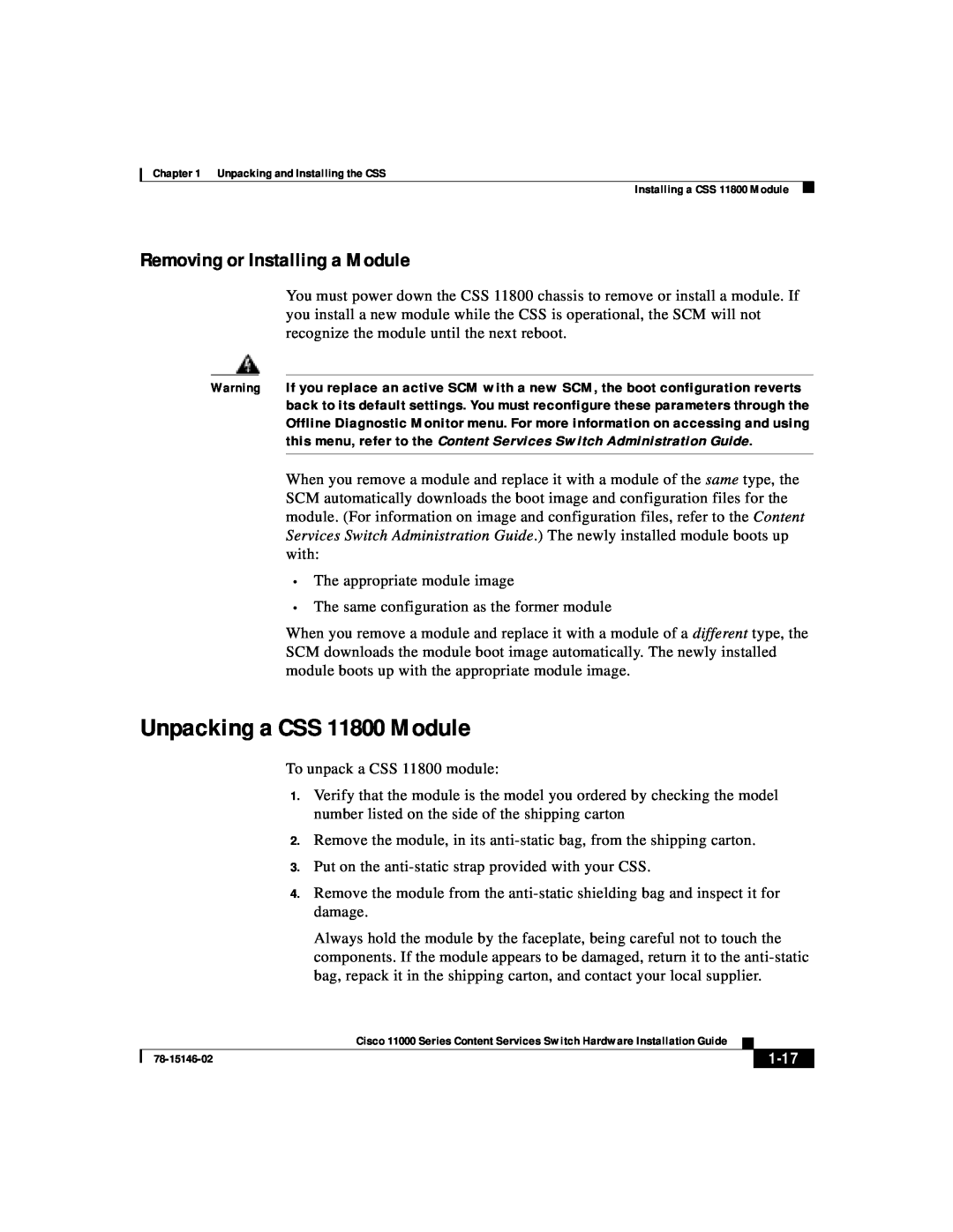 Cisco Systems 11000 Series manual Unpacking a CSS 11800 Module, Removing or Installing a Module, 1-17 