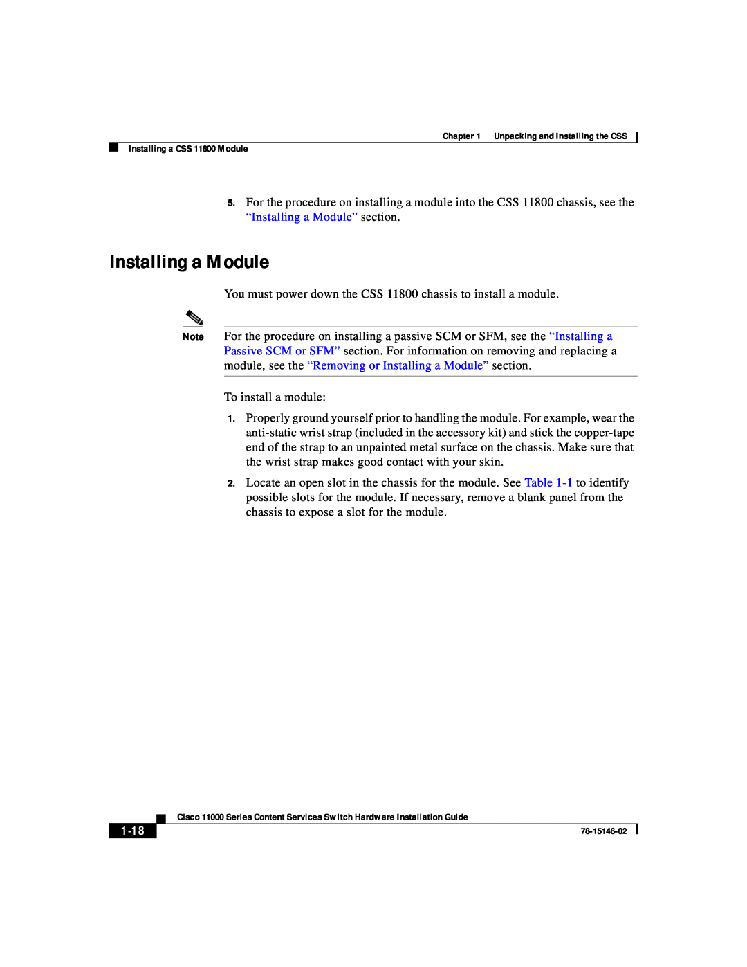 Cisco Systems 11000 Series manual Installing a Module, 1-18 