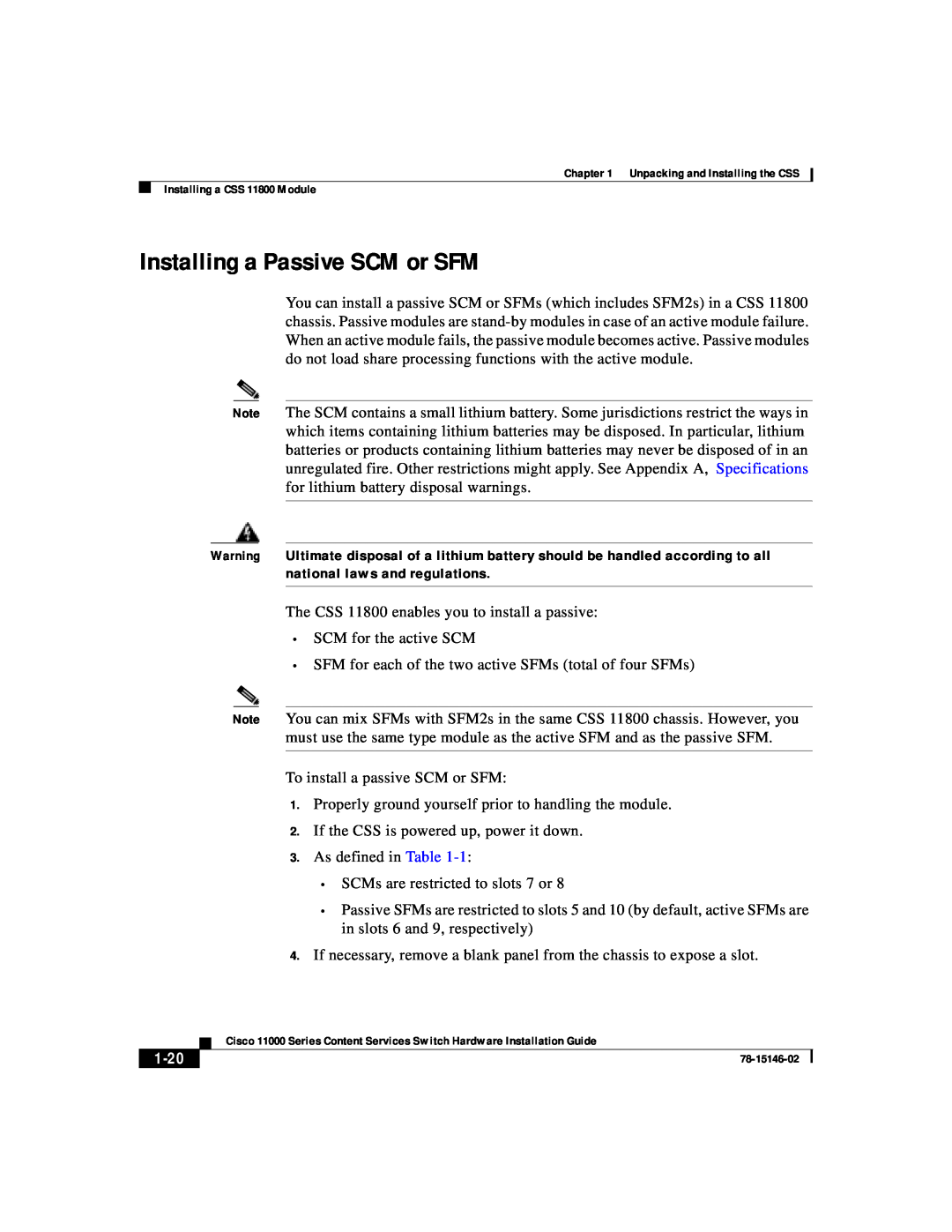 Cisco Systems 11000 Series manual Installing a Passive SCM or SFM, 1-20 