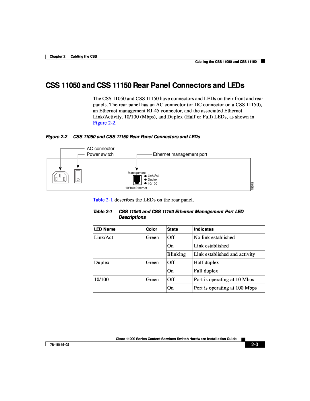 Cisco Systems 11000 Series manual CSS 11050 and CSS 11150 Rear Panel Connectors and LEDs, LED Name, Color, State, Indicates 