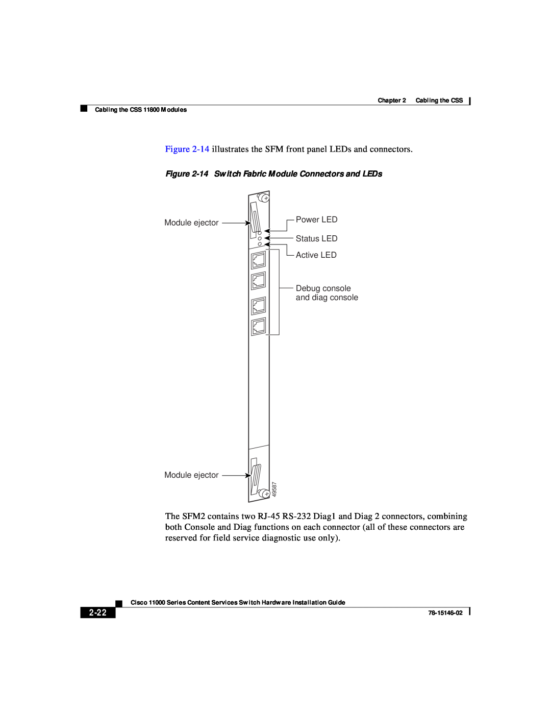 Cisco Systems 11000 Series manual 14 illustrates the SFM front panel LEDs and connectors, 2-22 