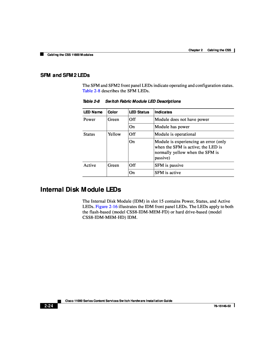 Cisco Systems 11000 Series manual Internal Disk Module LEDs, SFM and SFM2 LEDs, 2-24 