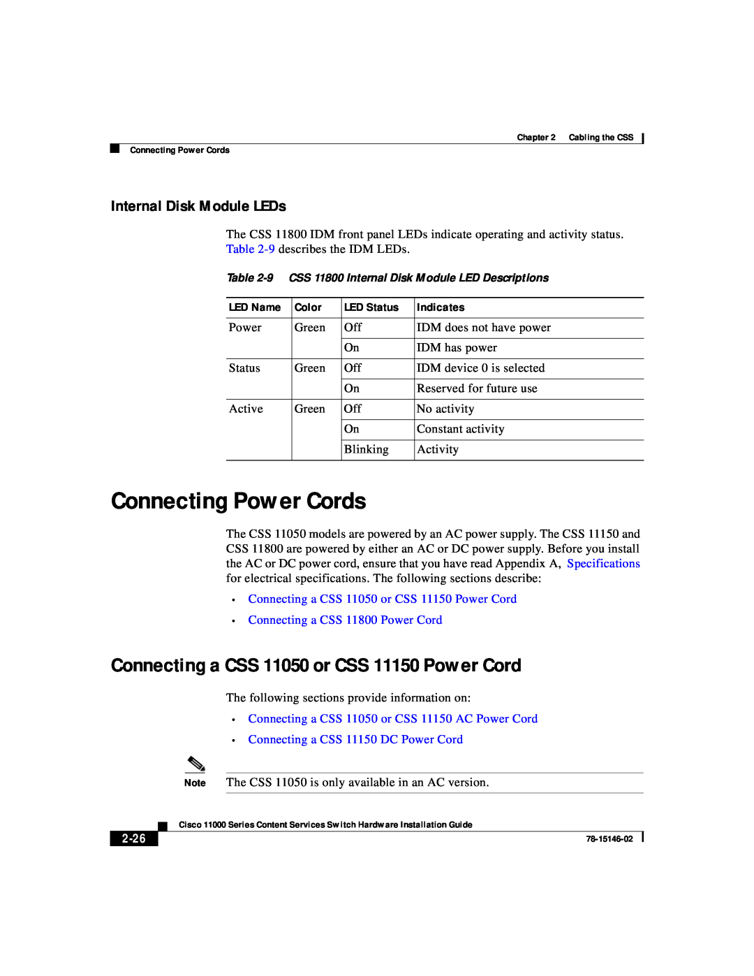 Cisco Systems 11000 Series manual Connecting Power Cords, Connecting a CSS 11050 or CSS 11150 Power Cord, 2-26 