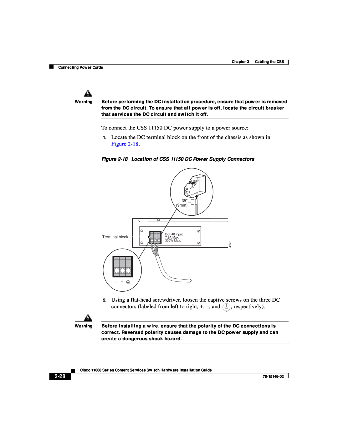 Cisco Systems 11000 Series manual To connect the CSS 11150 DC power supply to a power source, respectively, 2-28 